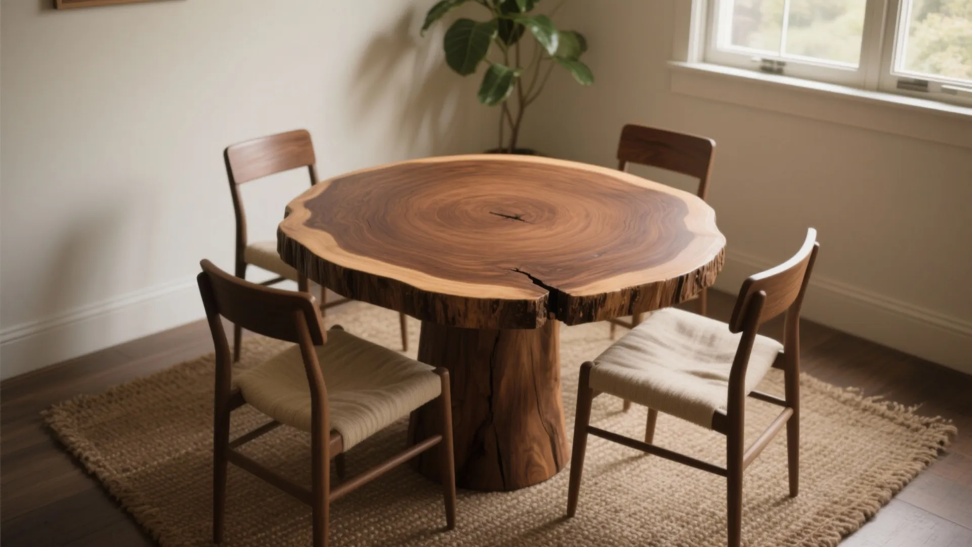 Natural wood dining table with tree ring pattern and four chairs on a brown rug