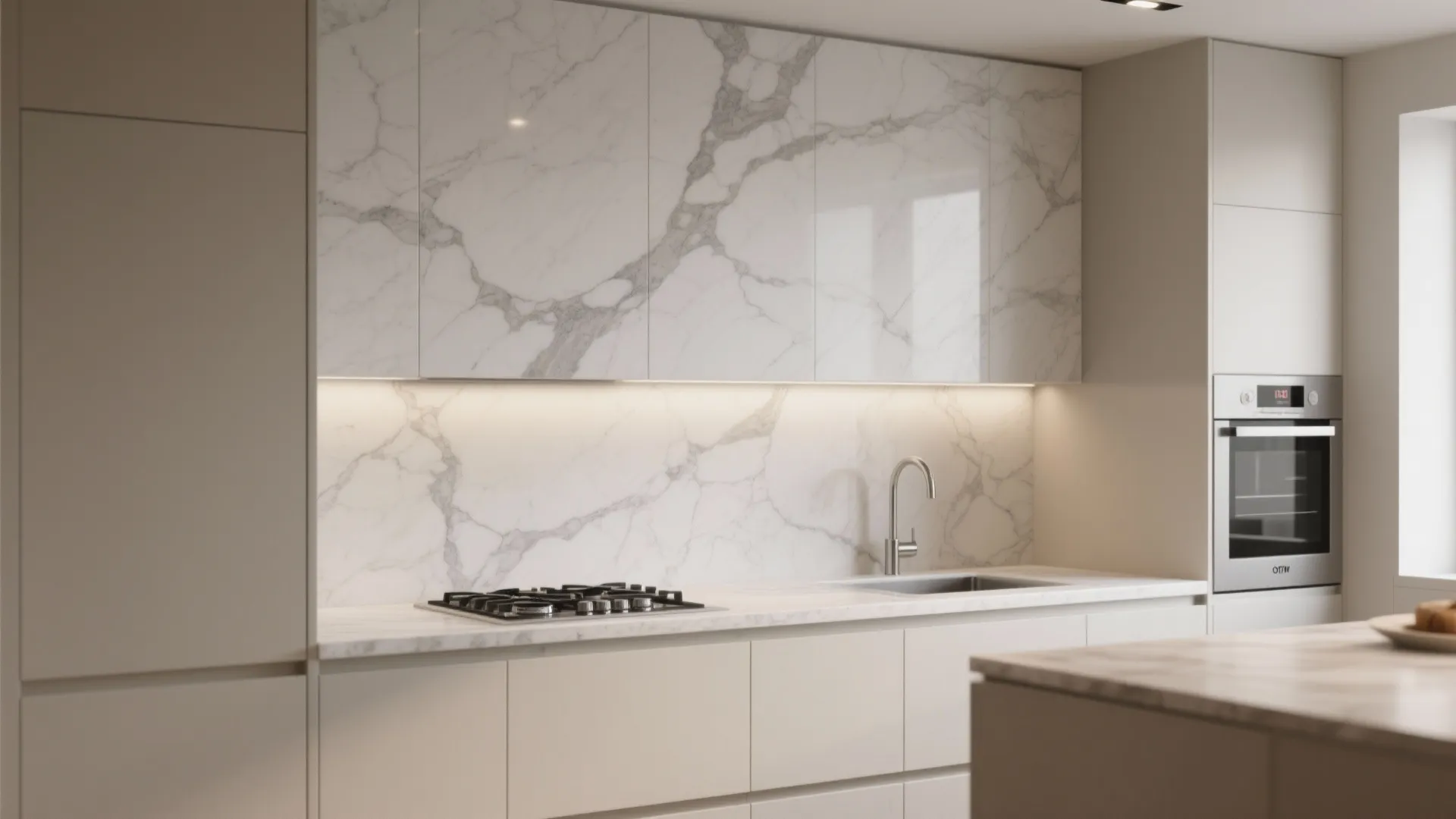 3. Single-slab look: porcelain or quartz slab backsplash
