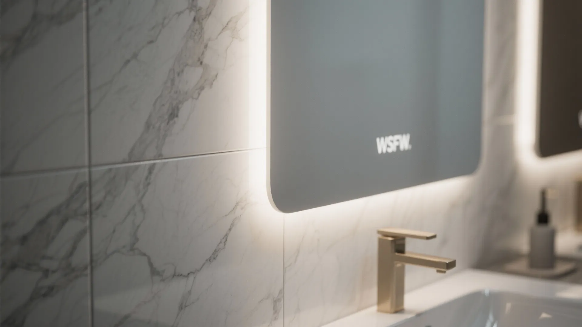 Backlit mirror on marble wall tiles with gold faucet and white sink in modern bathroom
