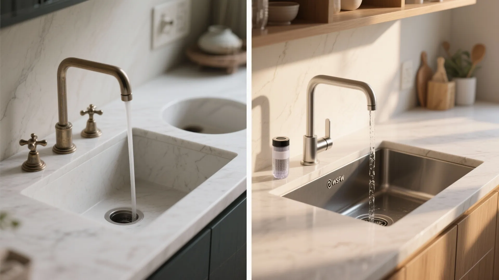 Before and after comparison of old vintage faucet versus modern silver faucet in kitchen sink