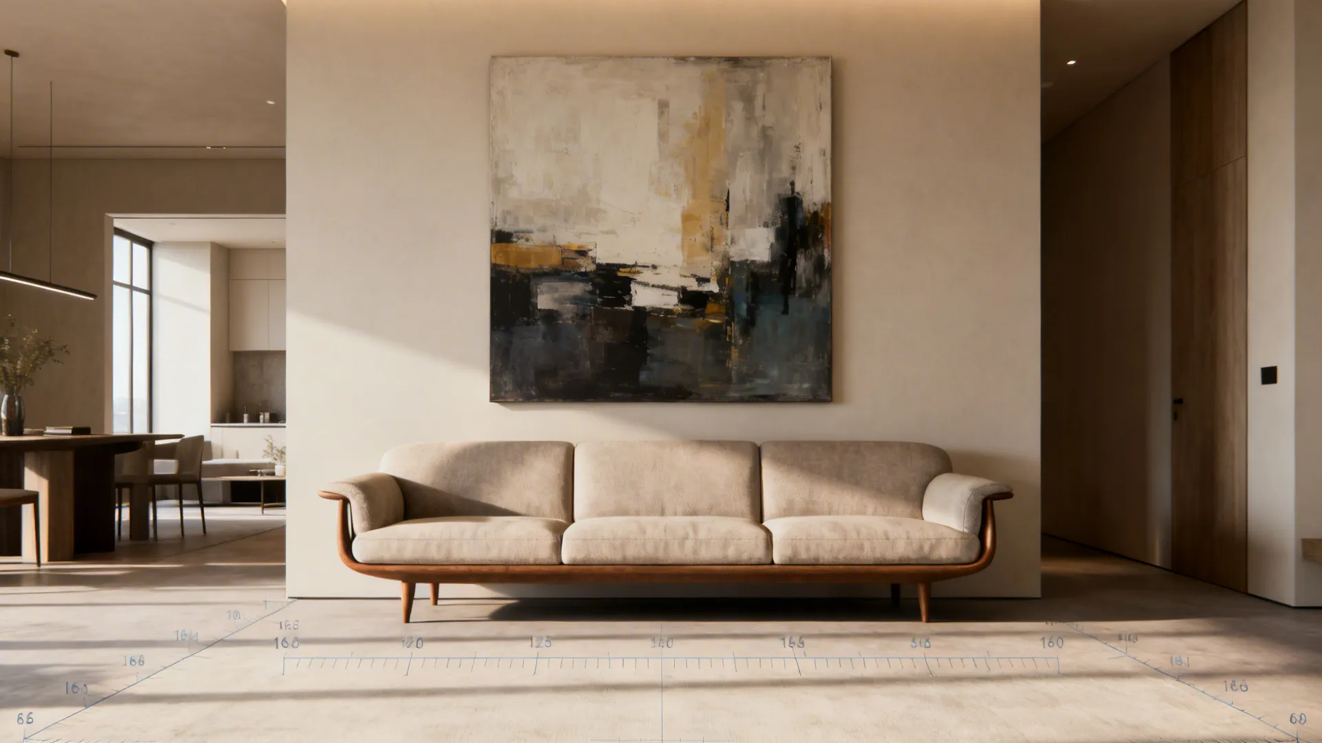 Open-plan living room showing a single oversized abstract artwork centered above seating to demonstrate scale.