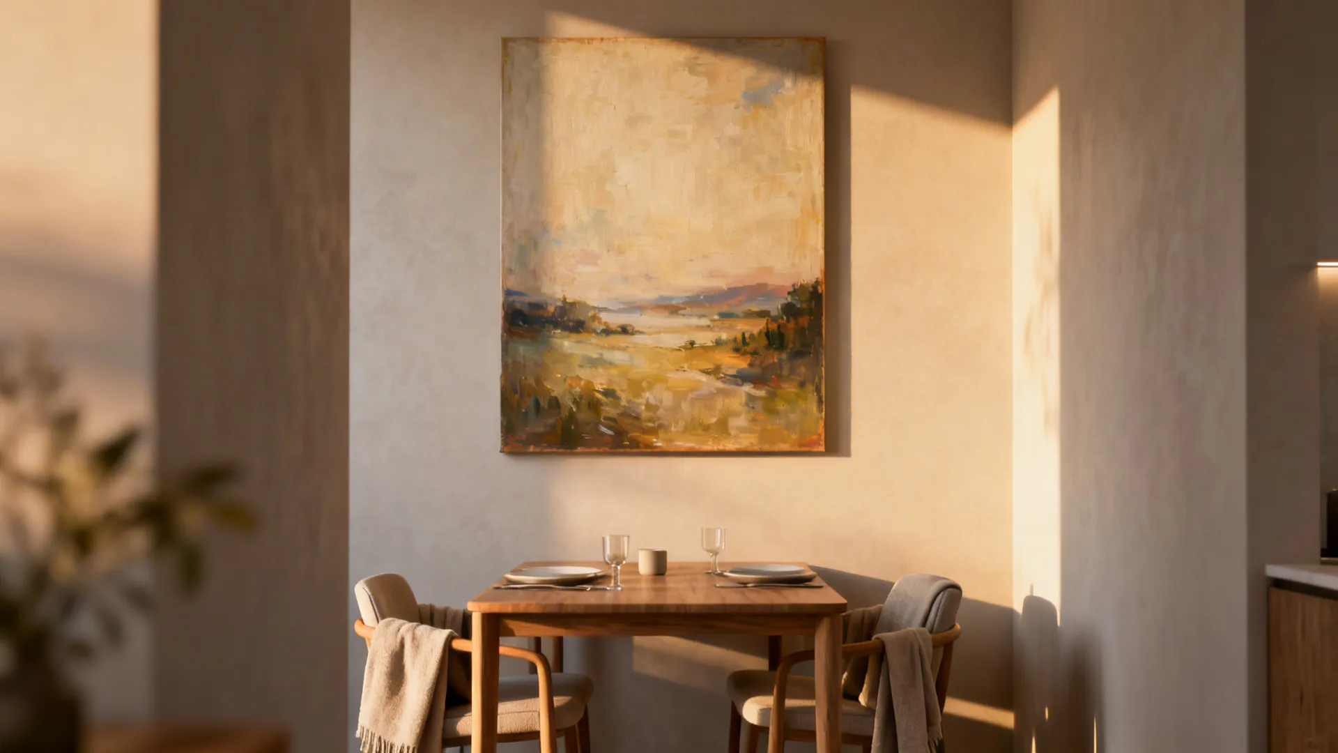 Dining table with one large painting above it tying colors of the room together