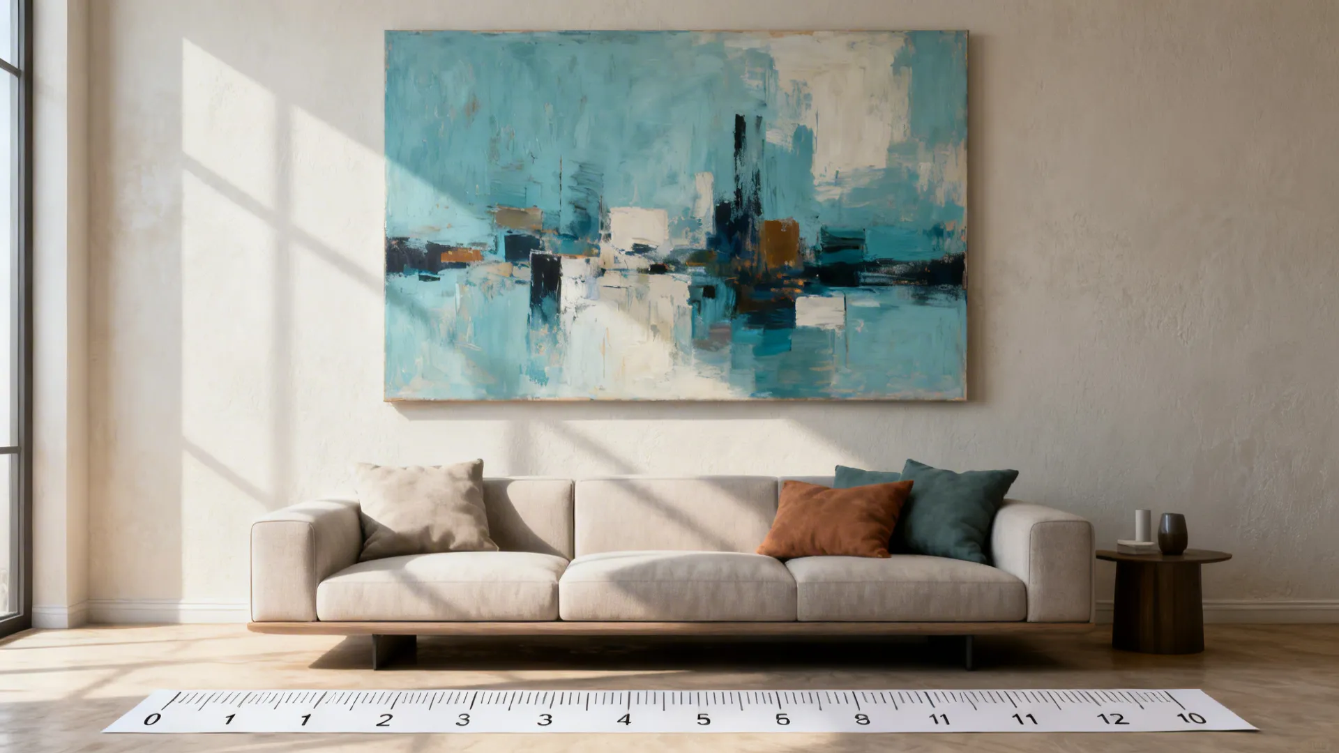 Living room showing one oversized abstract artwork above a sofa with paper template on floor to indicate scale.