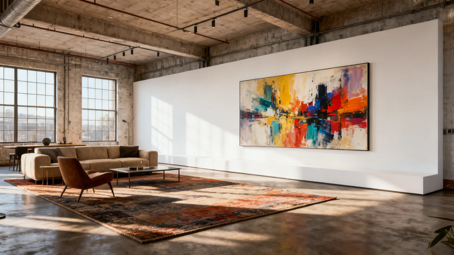 Loft living room anchored by a single oversized abstract canvas filling most of a long wall.