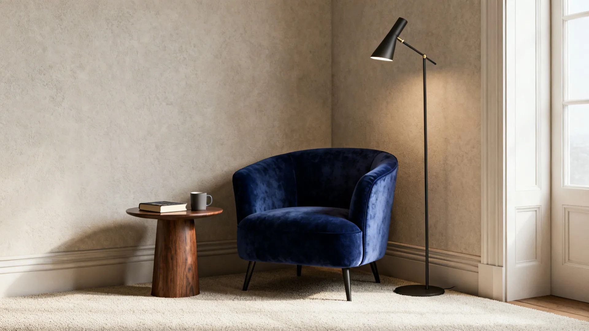 Cozy reading nook with a single sapphire velvet chair tucked into a corner beside a small table and lamp