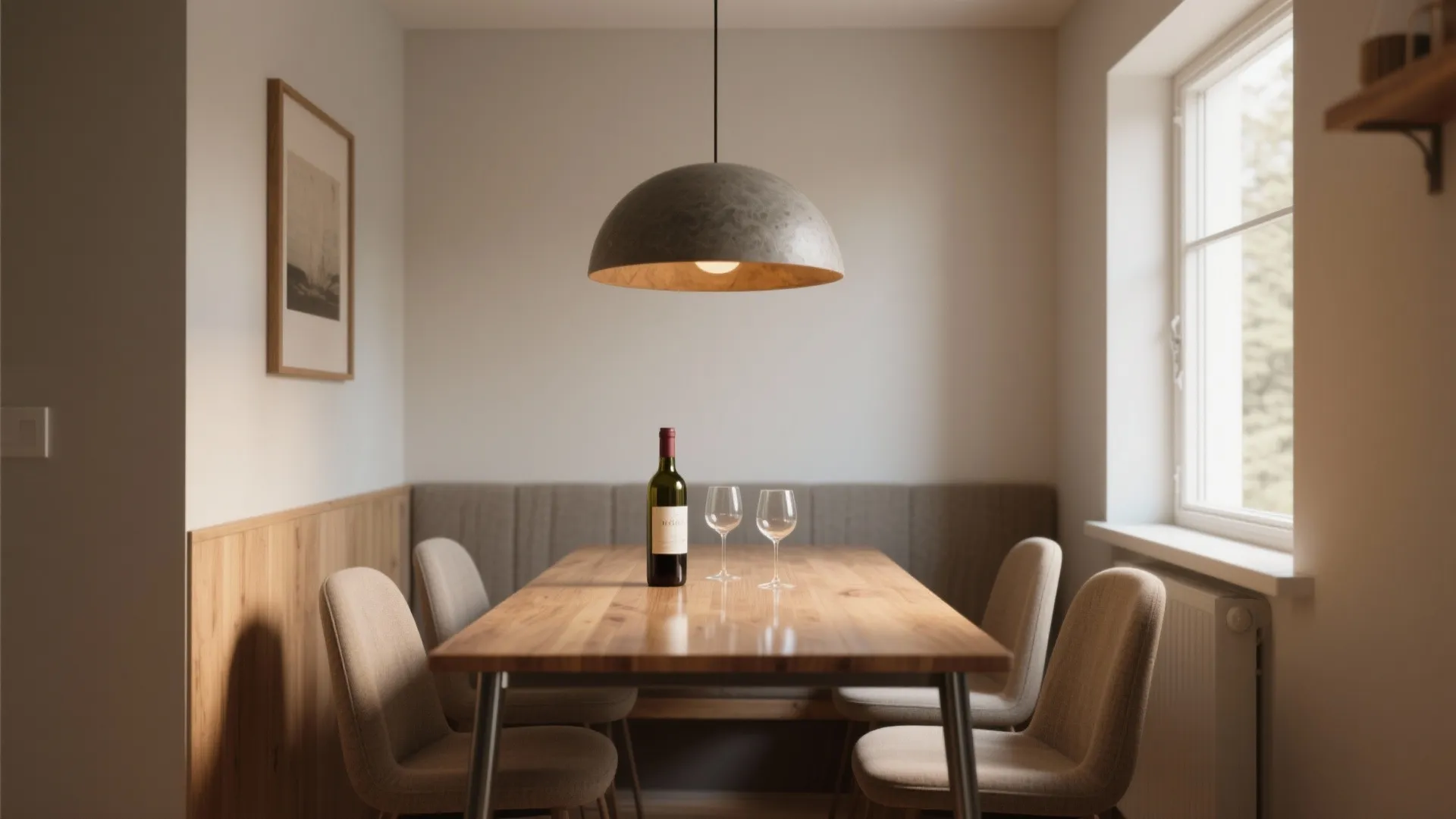 Modern dining area featuring a wooden table with wine bottle under a large grey light