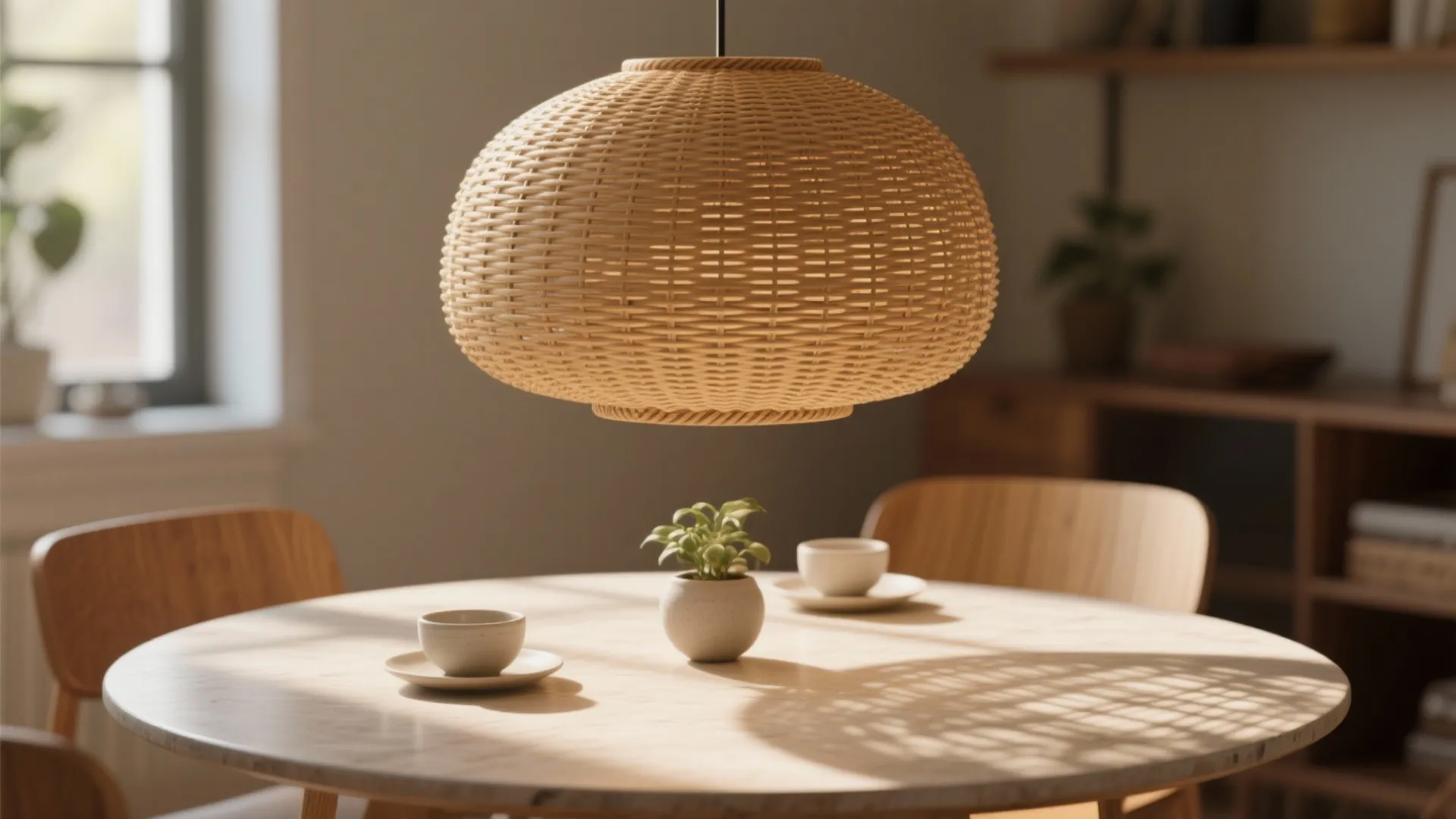Round woven ceiling light hanging over a wood dining table with small plants and cups