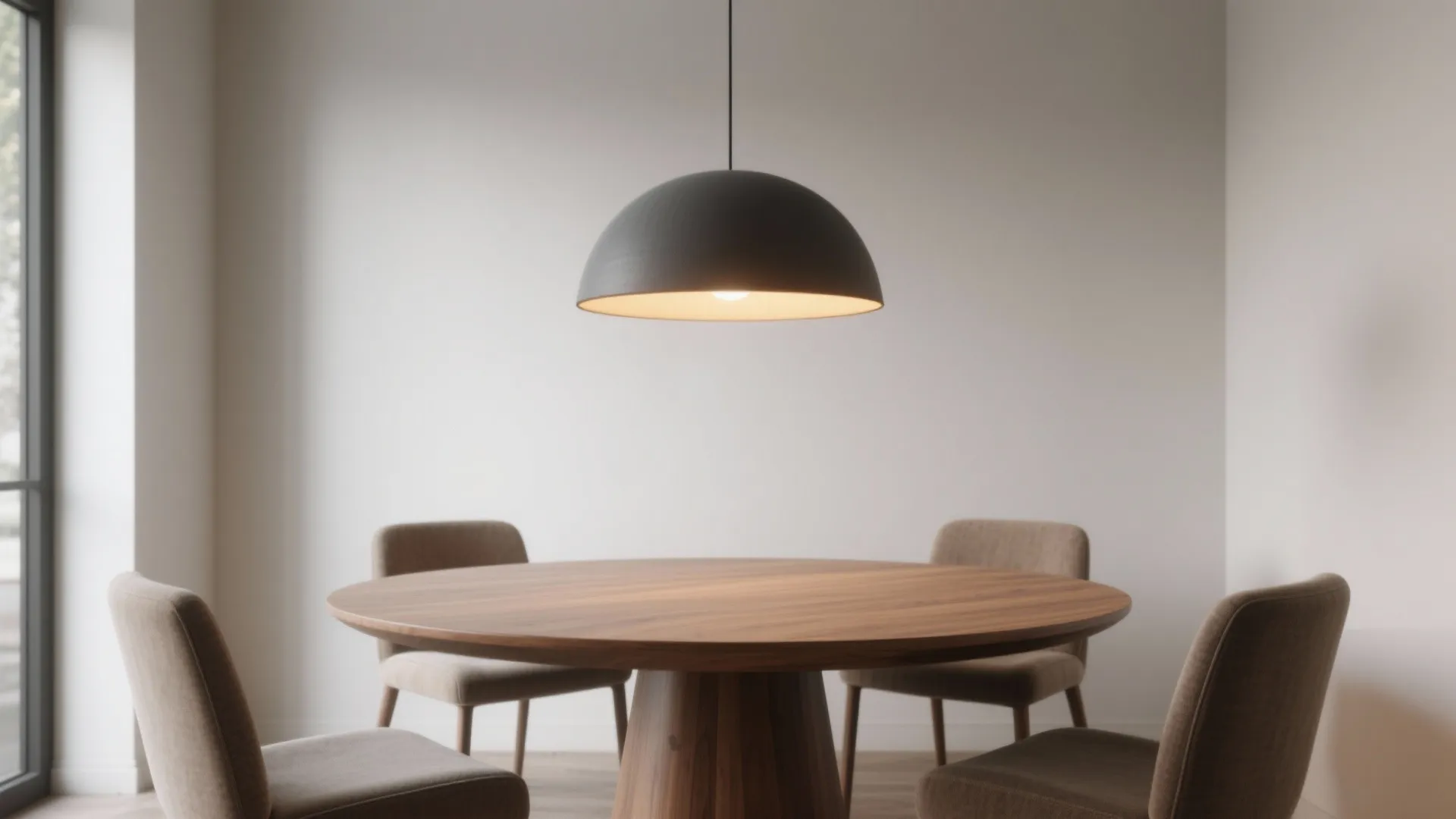 Round oak dining table under a single bold pendant light set at proper height