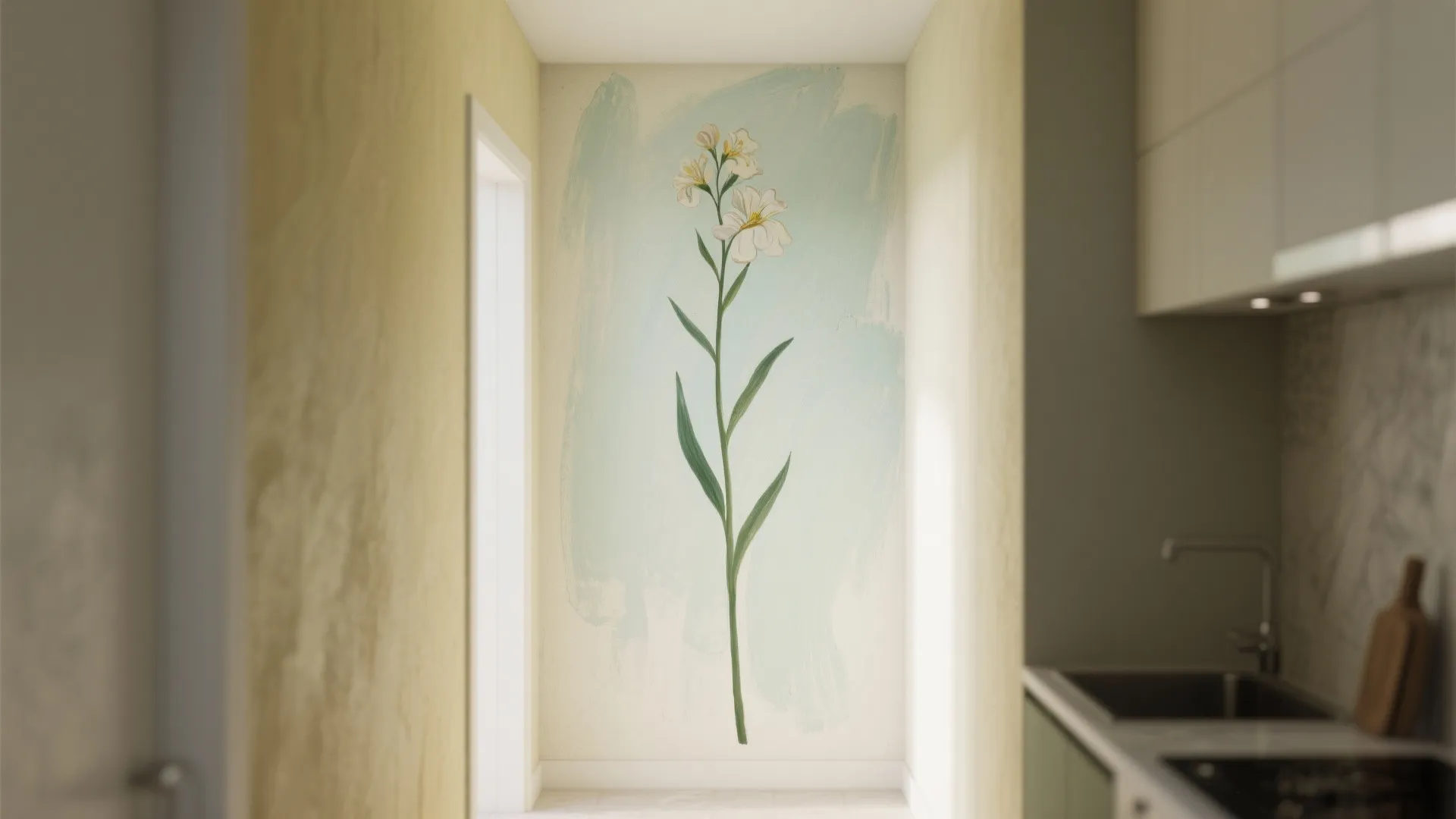 Small hallway with a tall flower wall painting between a white door and kitchen cabinets