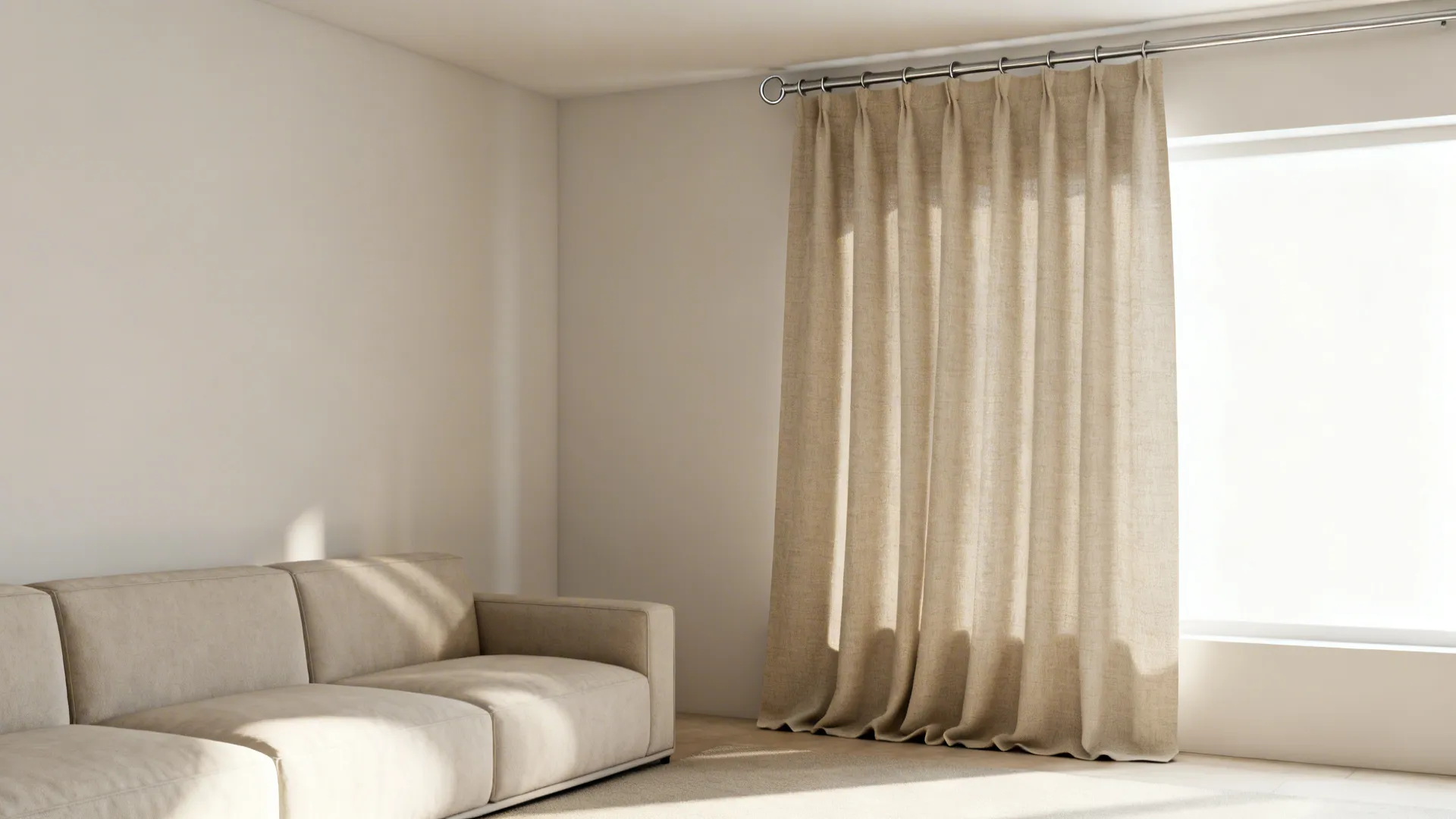 Minimal single wide linen swag panel with slim rod in a compact living room