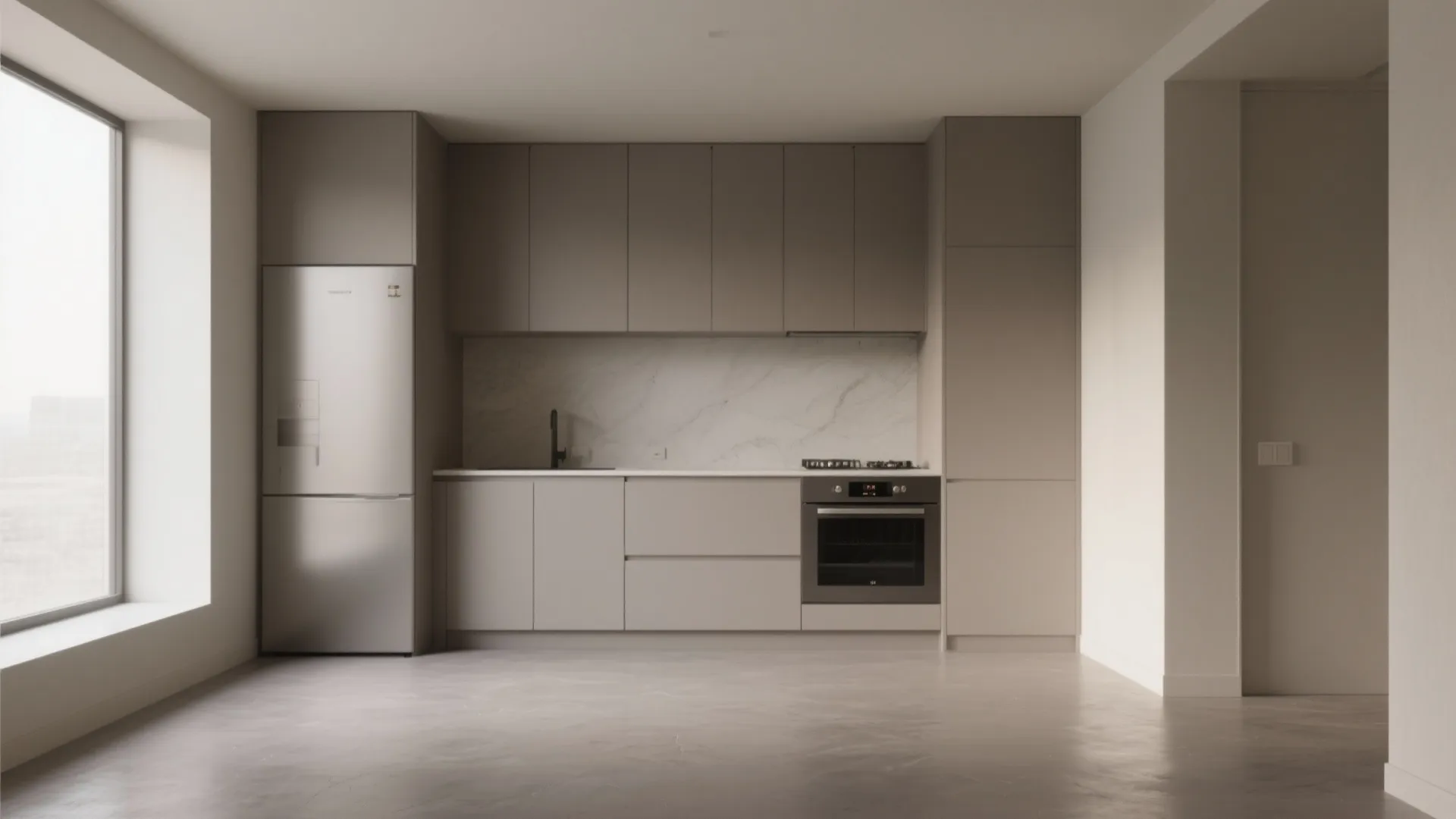 Minimalist kitchen with a single-tone warm grey painted floor and satin finish for low maintenance.