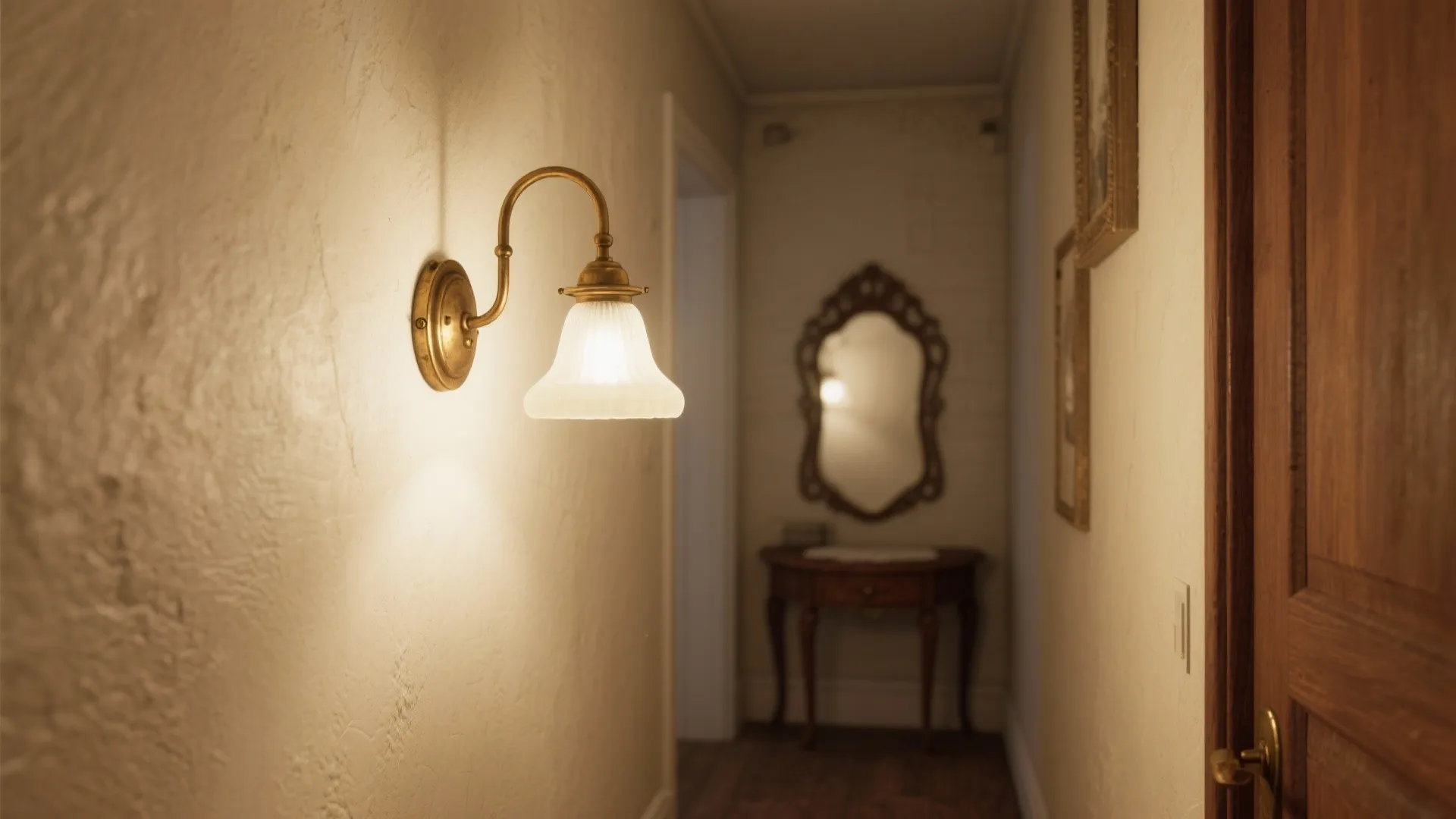Vintage brass wall light with glass shade illuminating a hallway with mirror and small table