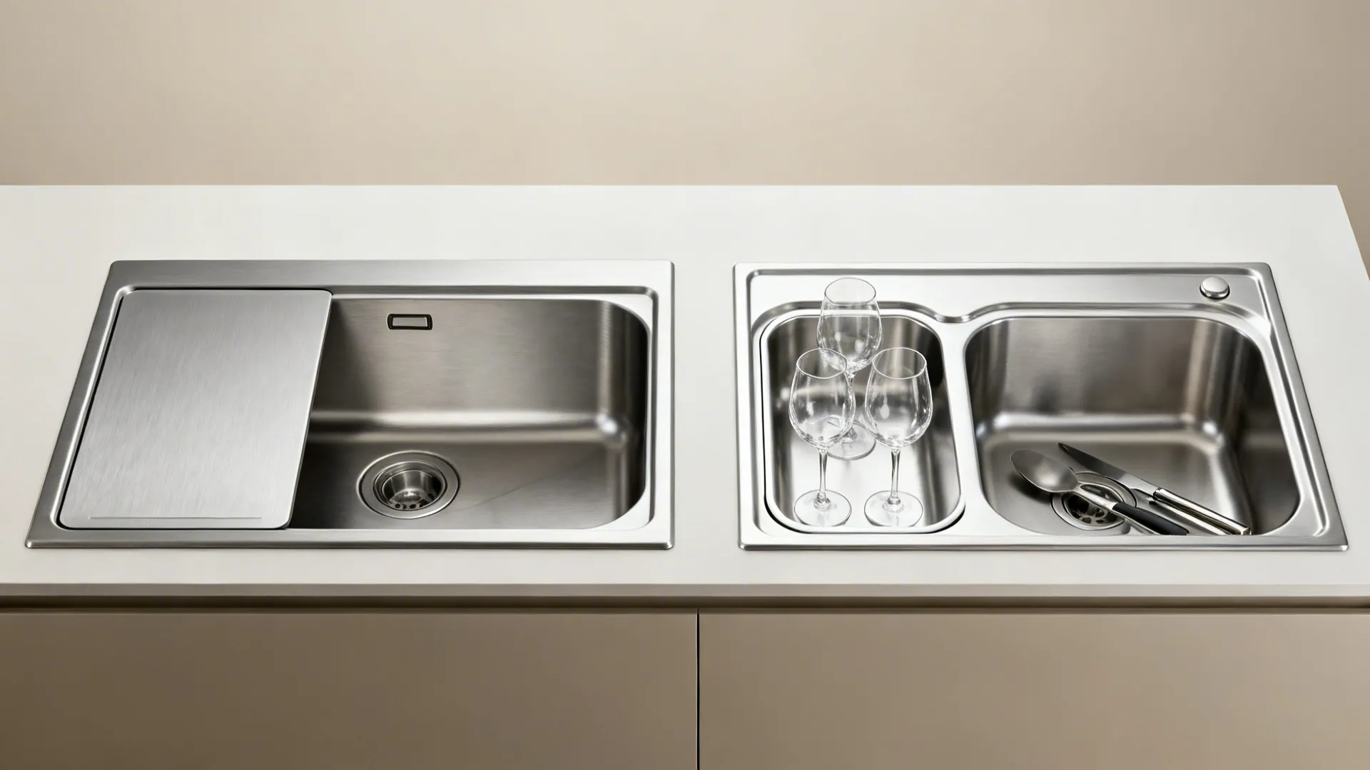 Side-by-side view of a single-bowl sink with a flat sheet pan and a 1.5 bowl sink holding delicate glassware.