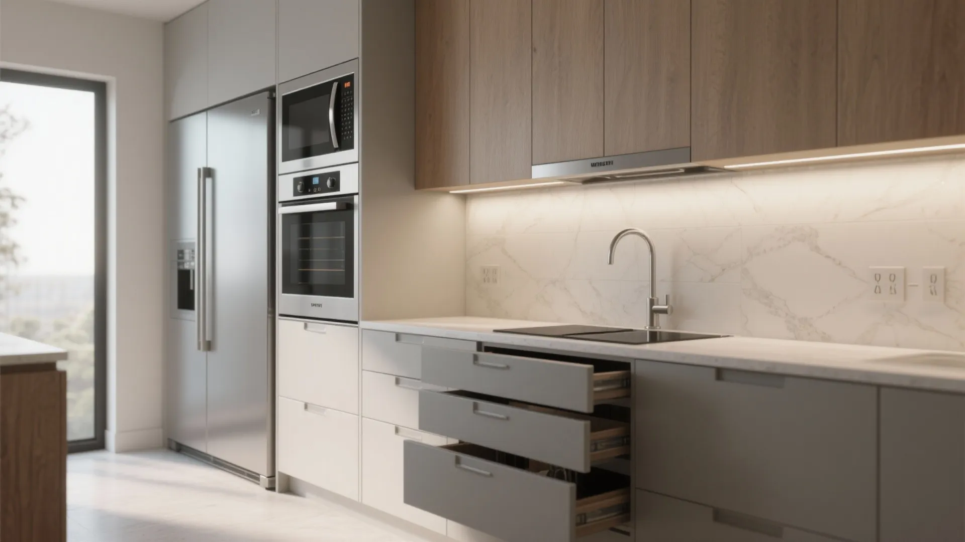 Modern single wall kitchen with grey cabinets open drawers steel fridge and wood upper wall cabinets