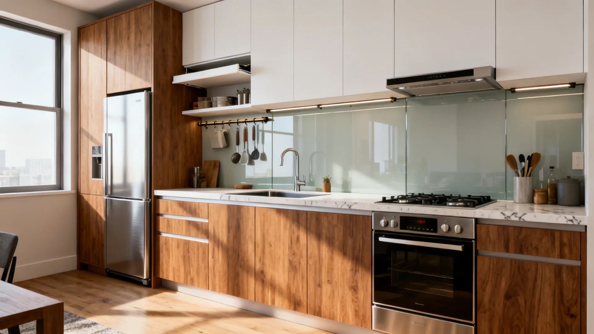 Single-wall compact kitchen with tall pantry, 24-inch range, central sink, shallow flip-up uppers, and magnetic backsplash.