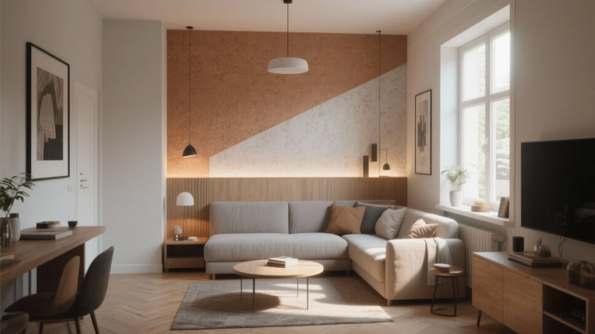 Living room featuring a grey corner sofa round coffee table wooden wall panel and windows
