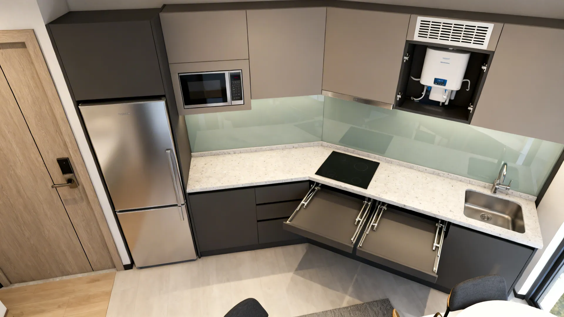 Top-down view of single-wall kitchen with fold-down table maximizing circulation in a 1RK.