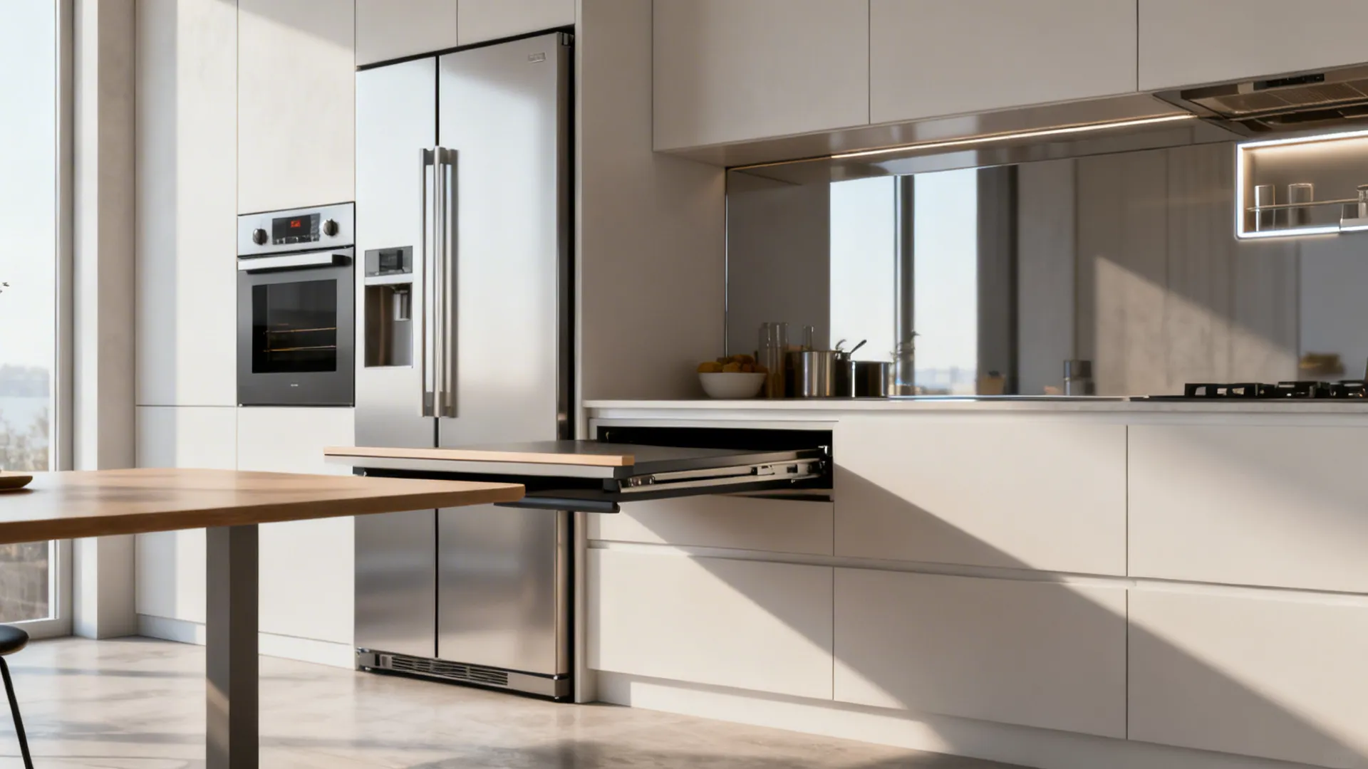 Single-wall kitchen with integrated tall appliances and a fold-down prep table