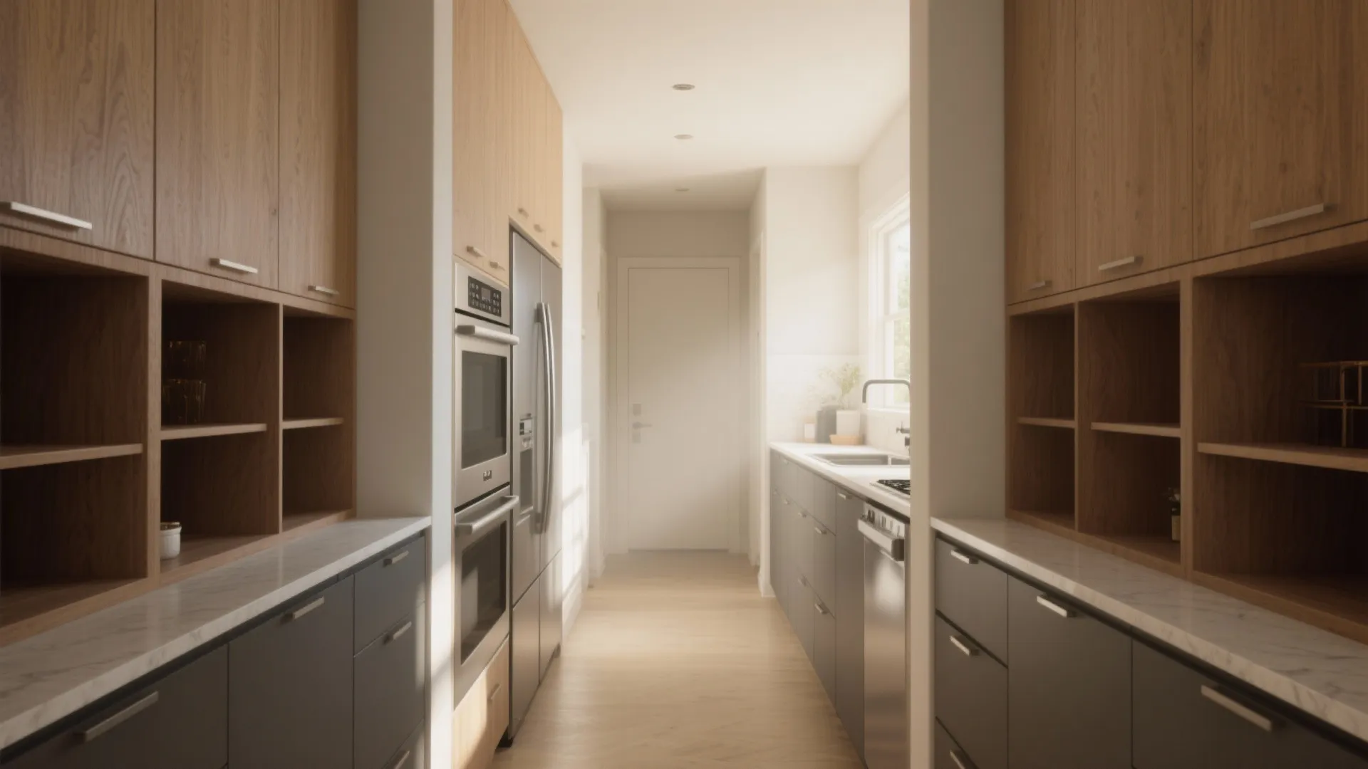 Narrow kitchen aisle with grey base cabinets wooden wall cabinets built-in ovens and marble effect countertops