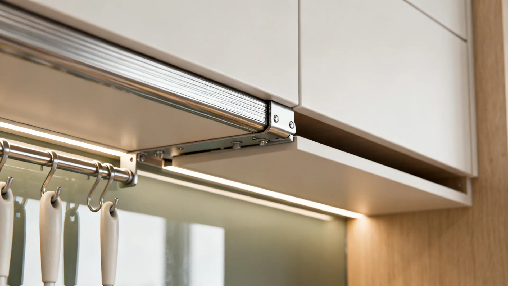 Macro of a magnetic backsplash rail and flip-up shallow upper cabinet hinge in a compact kitchen.