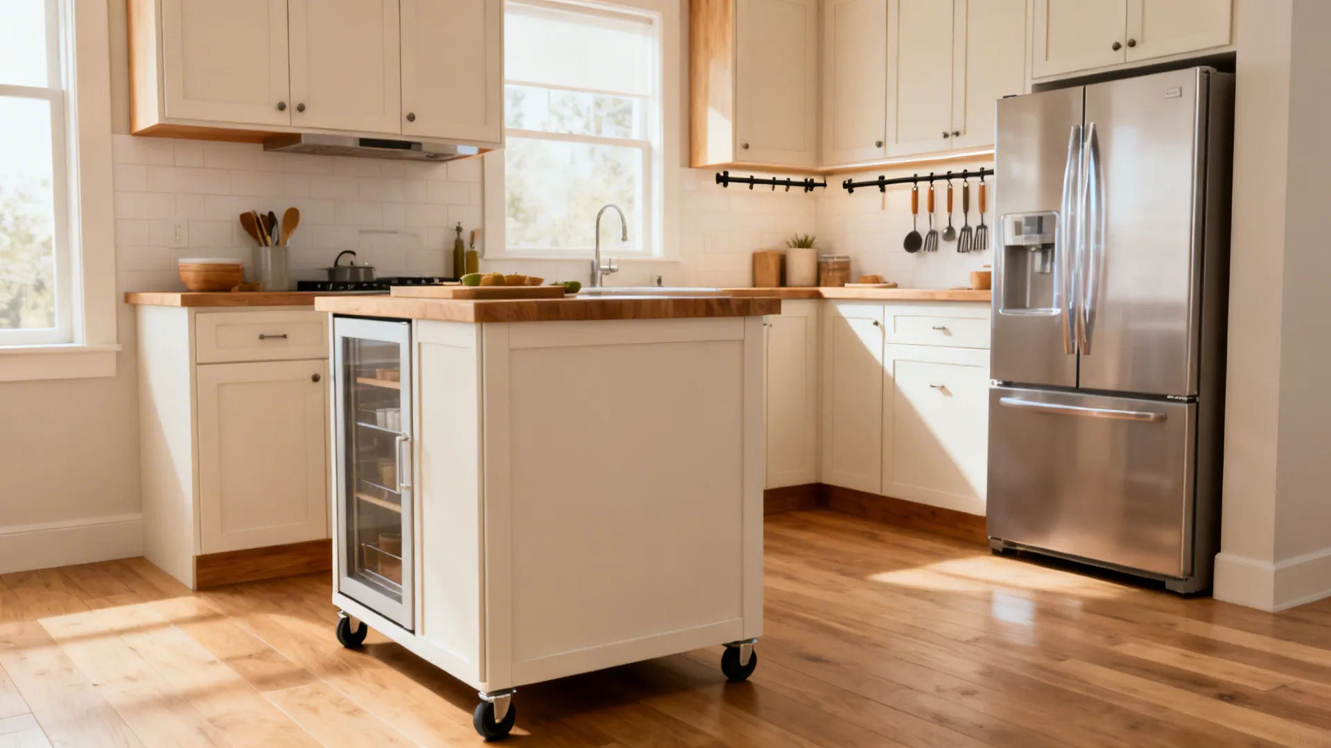White kitchen featuring a rolling island with wood top fridge and cabinets on wood floor