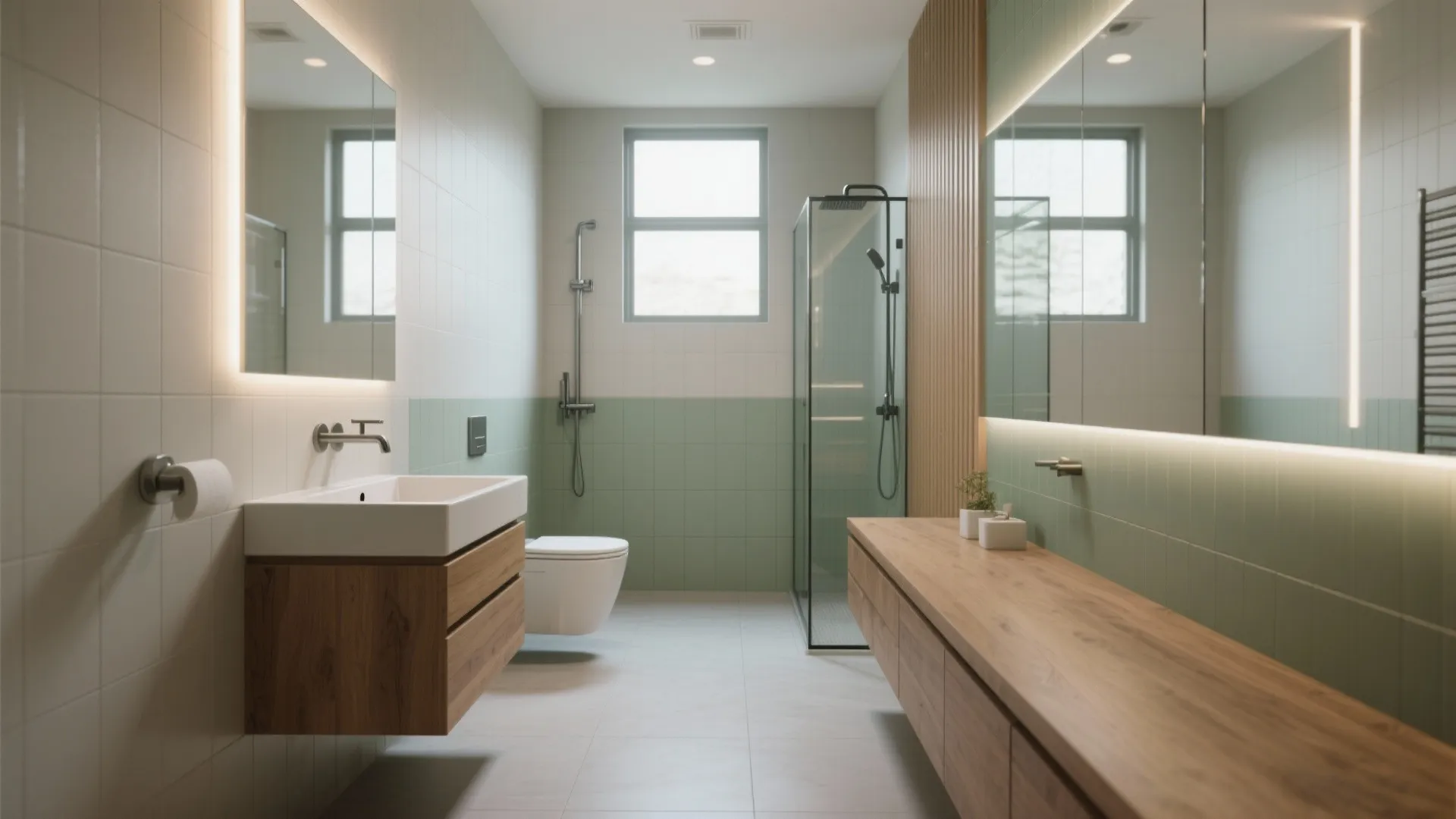 Modern bathroom with white sink, wooden cabinet, green tiles, glass shower, toilet, and large mirror