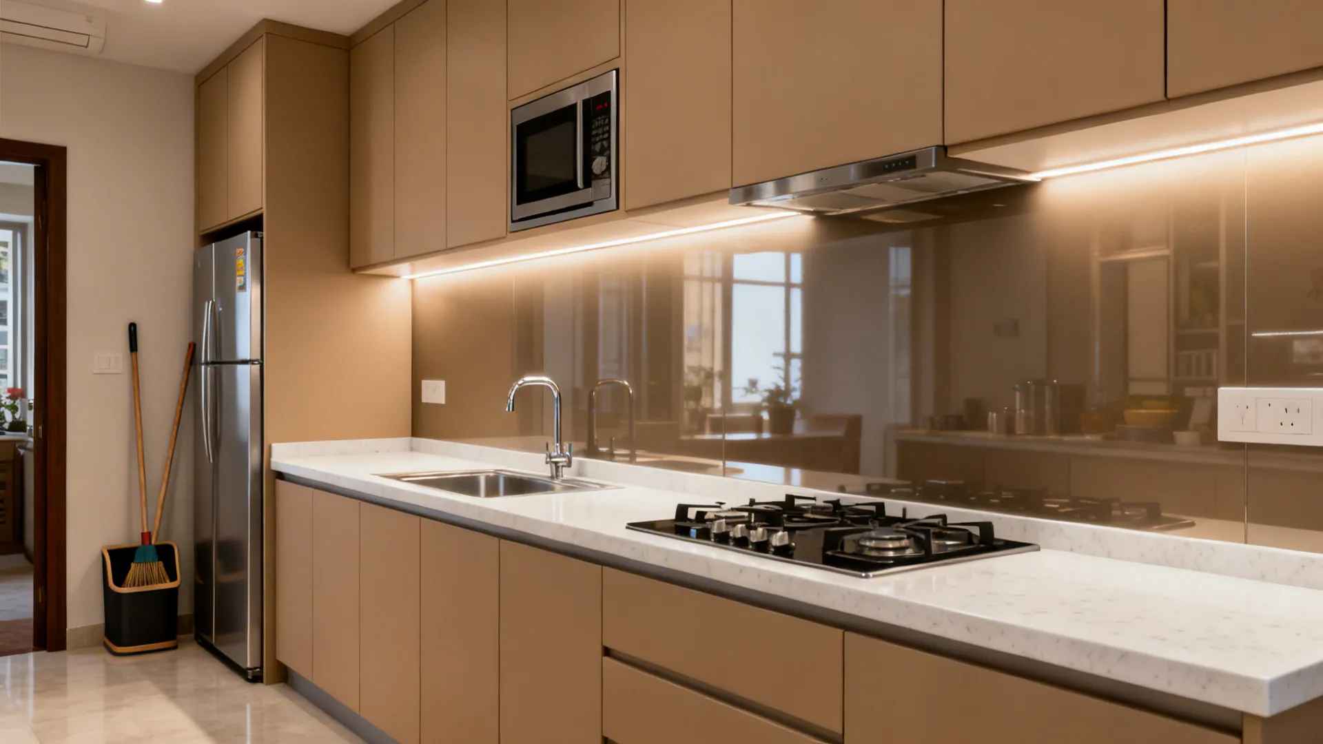 Single-wall Indian kitchen with tall pantry and linear fridge-sink-prep-hob sequence.