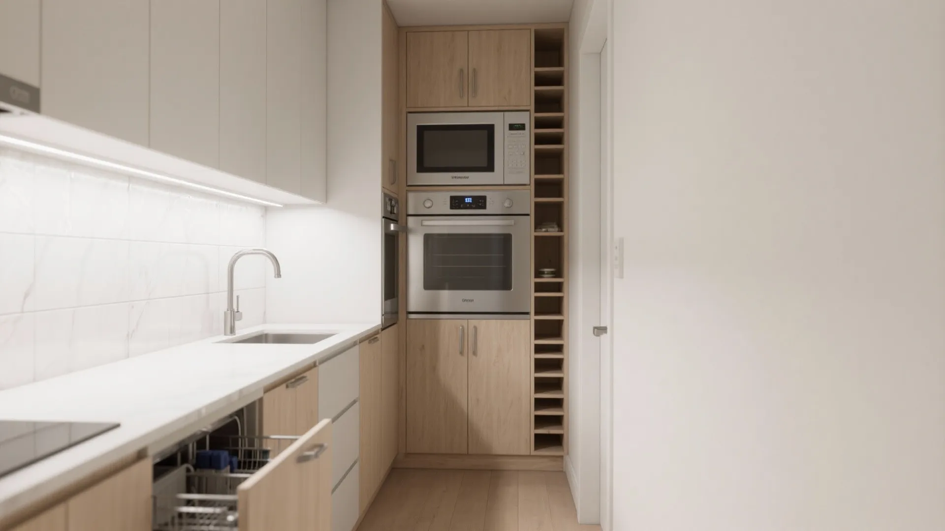 2. Single-wall linear layout with vertical storage