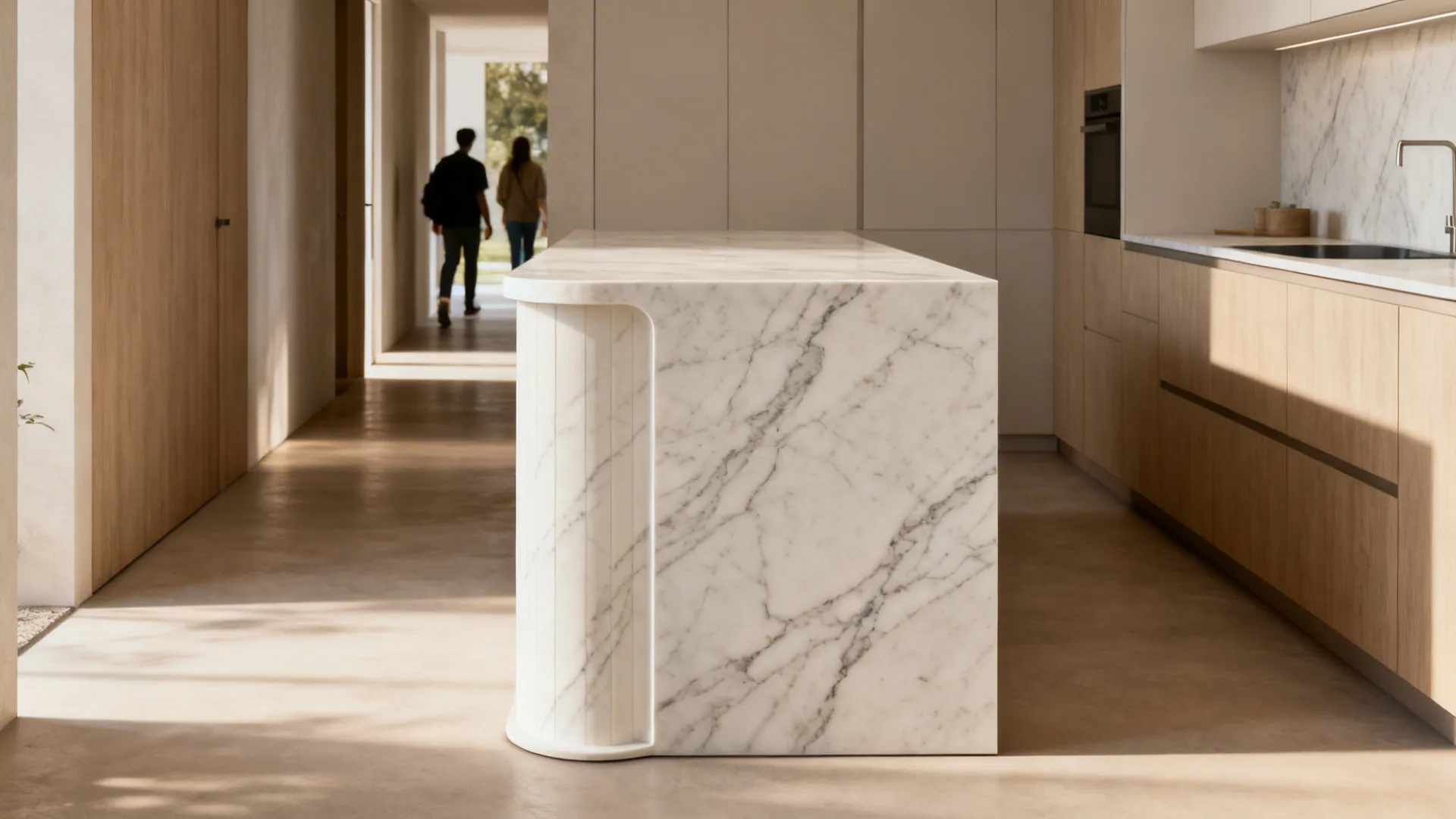 Compact kitchen counter with a single waterfall edge featuring matched veining at the traffic-side end.