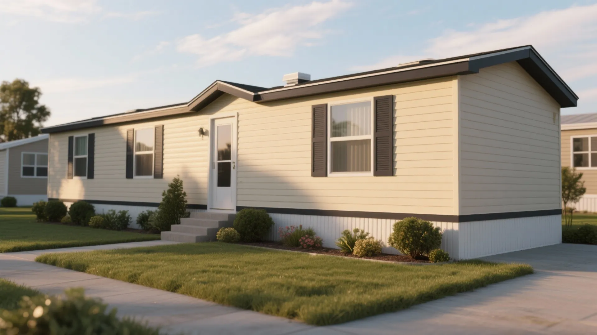 Cream colored mobile home with black shutters on windows surrounded by a green grass lawn