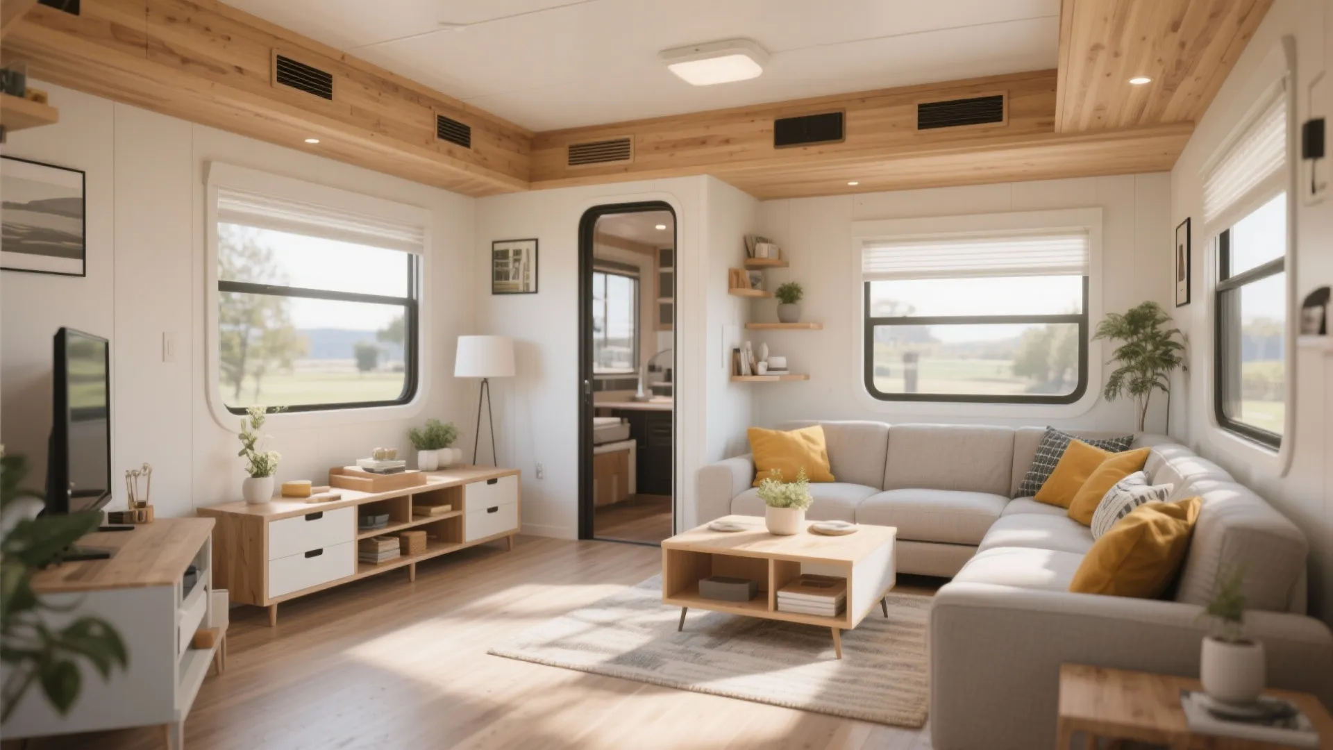 Bright mobile home living room with white sofa yellow pillows wooden coffee table and windows