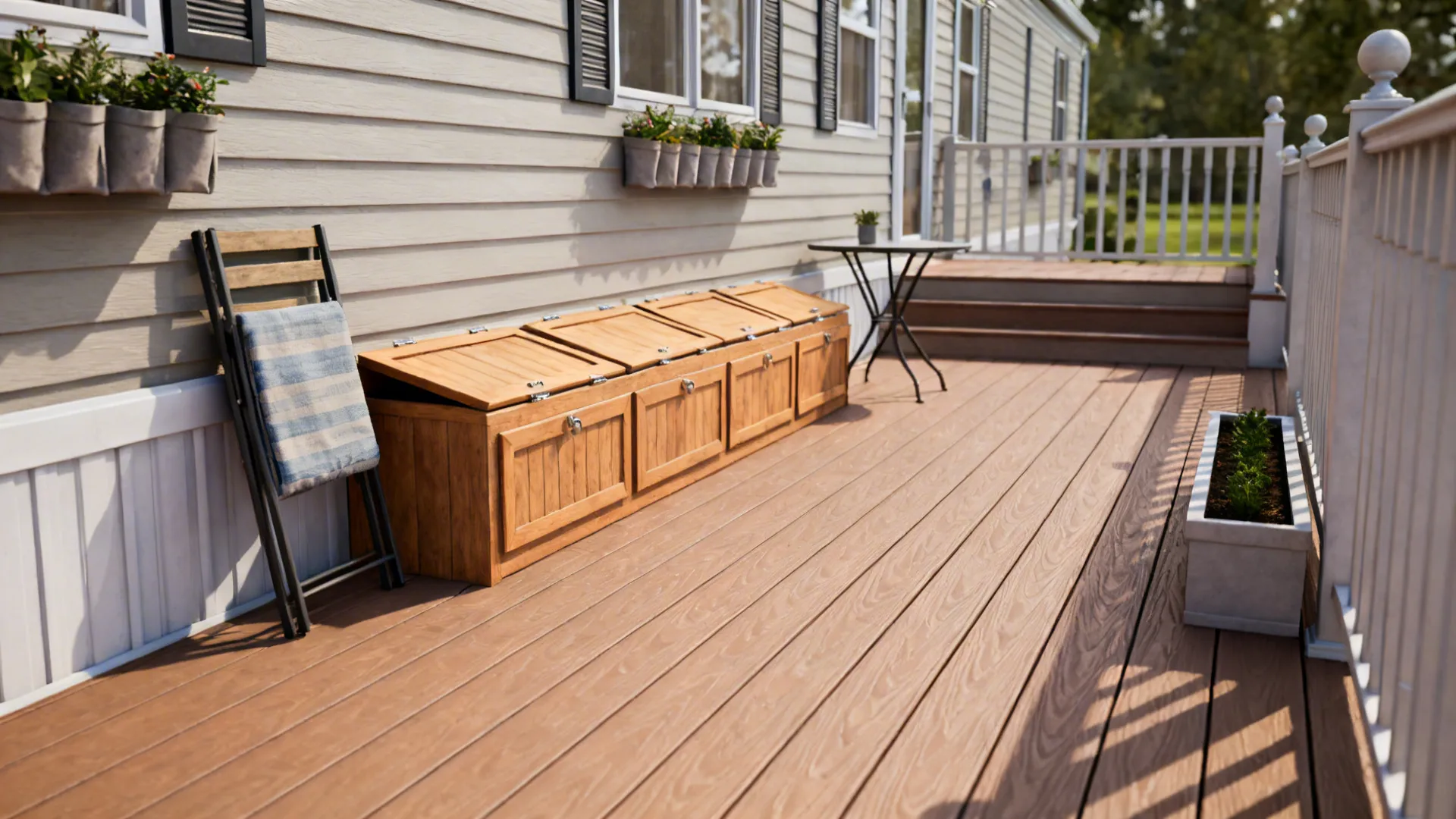 Wooden deck with storage cabinet folding chair small table wall planters and white fence railing
