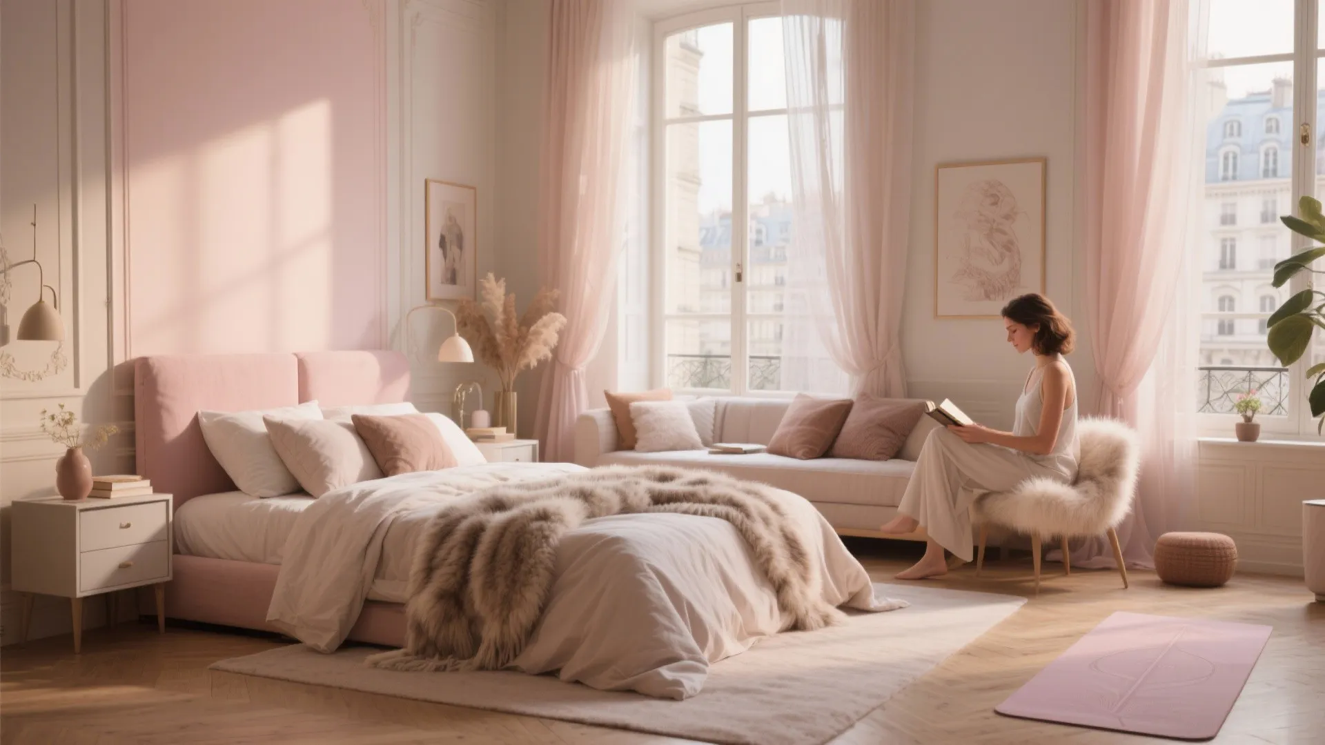 Woman reading a book in a bright pink bedroom with a large bed and white curtains