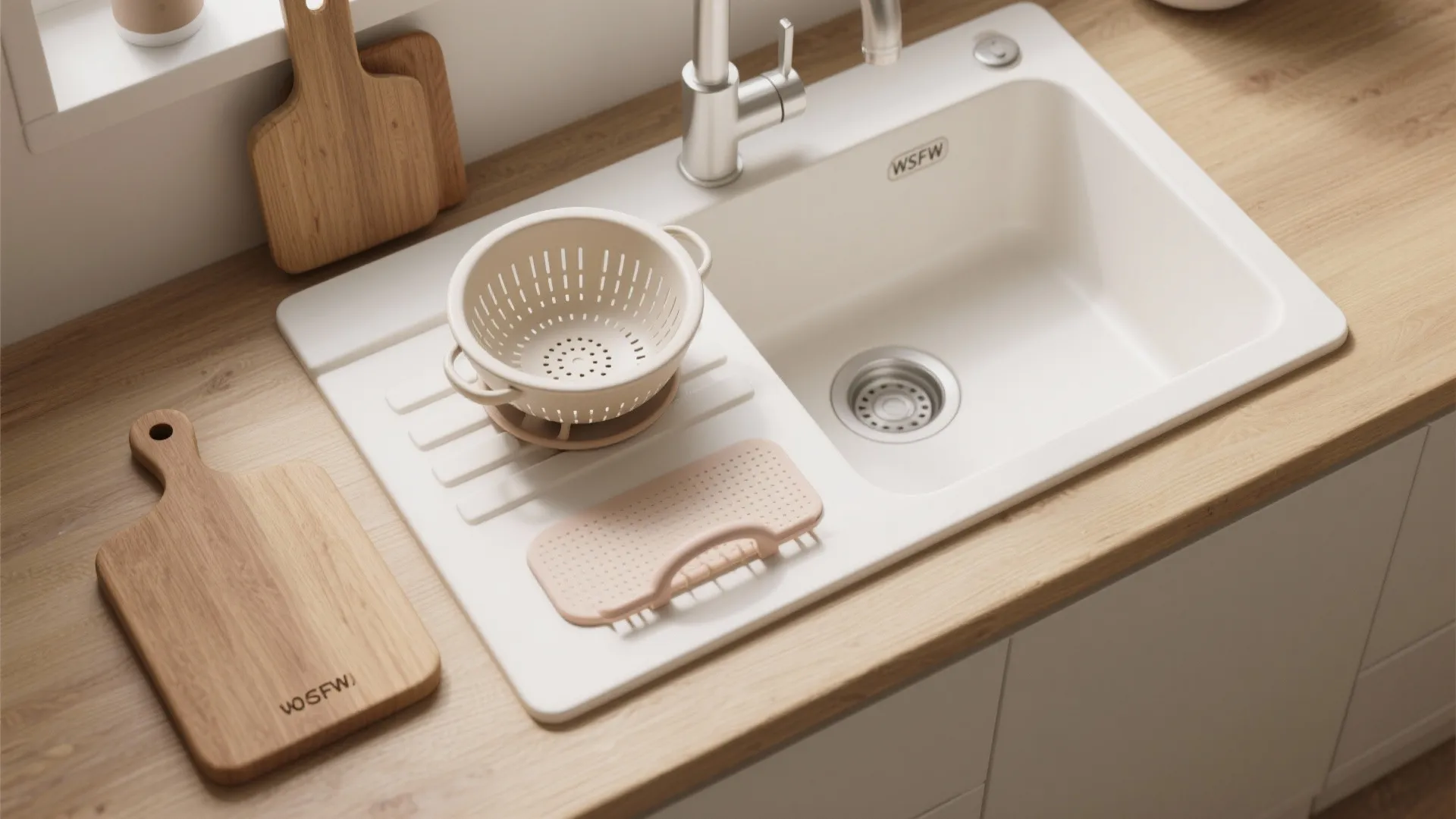Top-down flatlay of cutting board, colander and drying rack sized for a white drop-in sink.