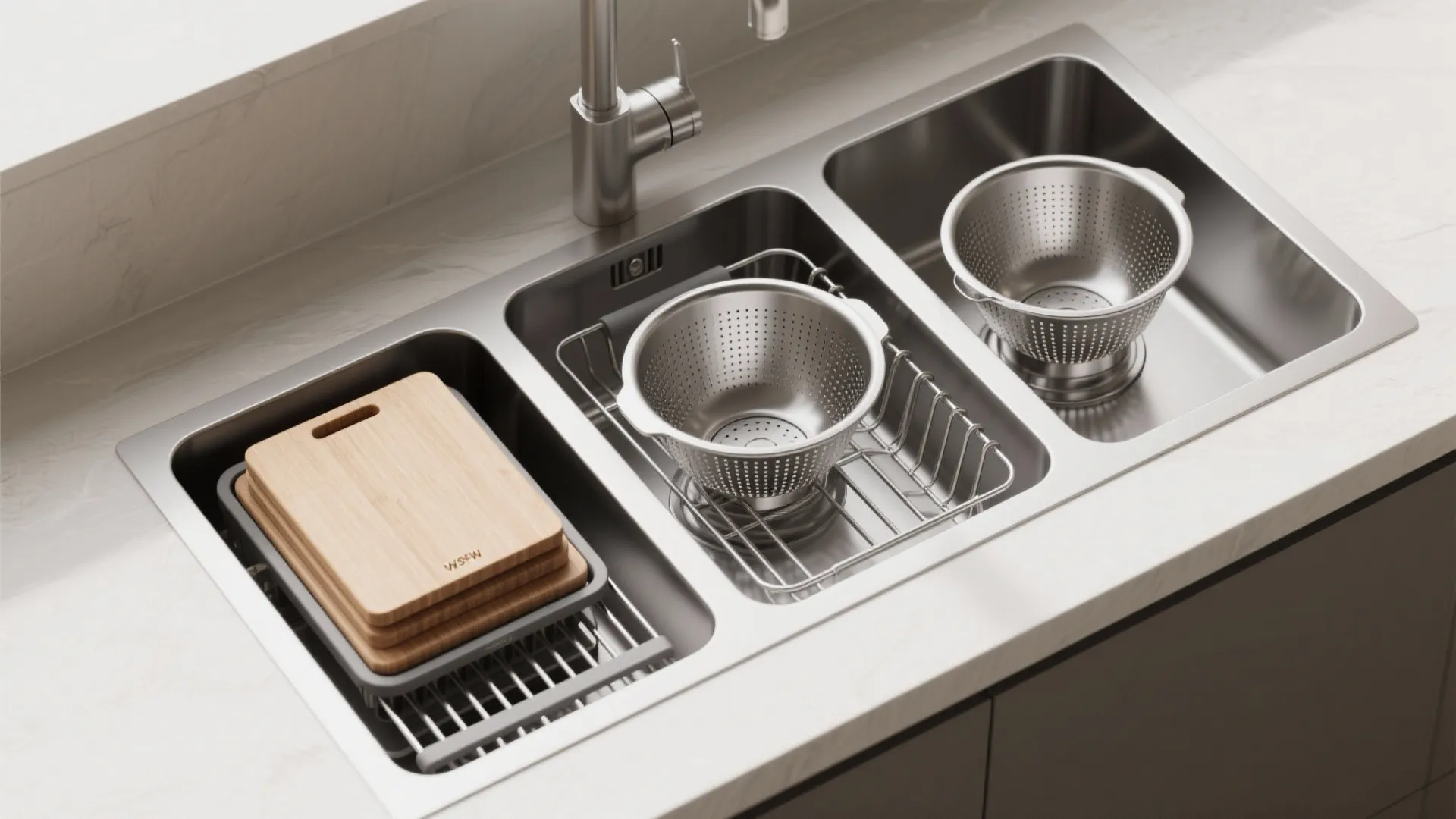 Triple kitchen sink with wooden cutting boards and stainless steel strainers on a marble countertop