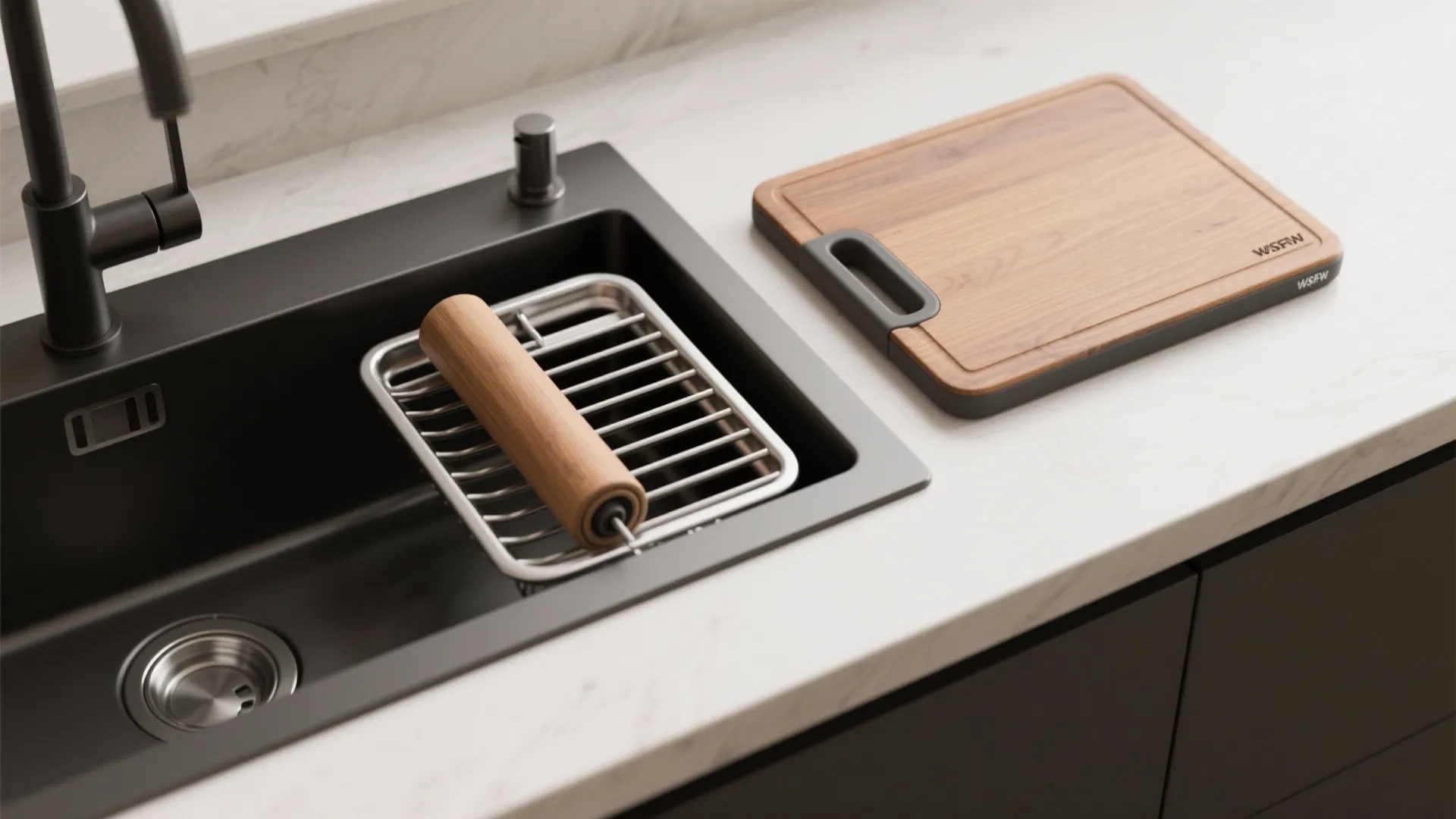 Top-down view of integrated sink accessories including cutting board and roll-up drying rack over a sink area.