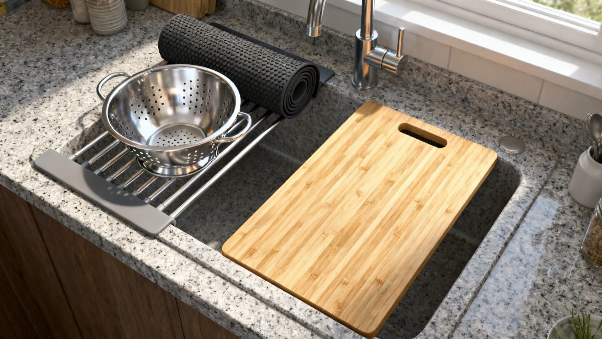 Top-down view of a granite sink with roll mat, fitted colander, and a cutting board on integrated rails.