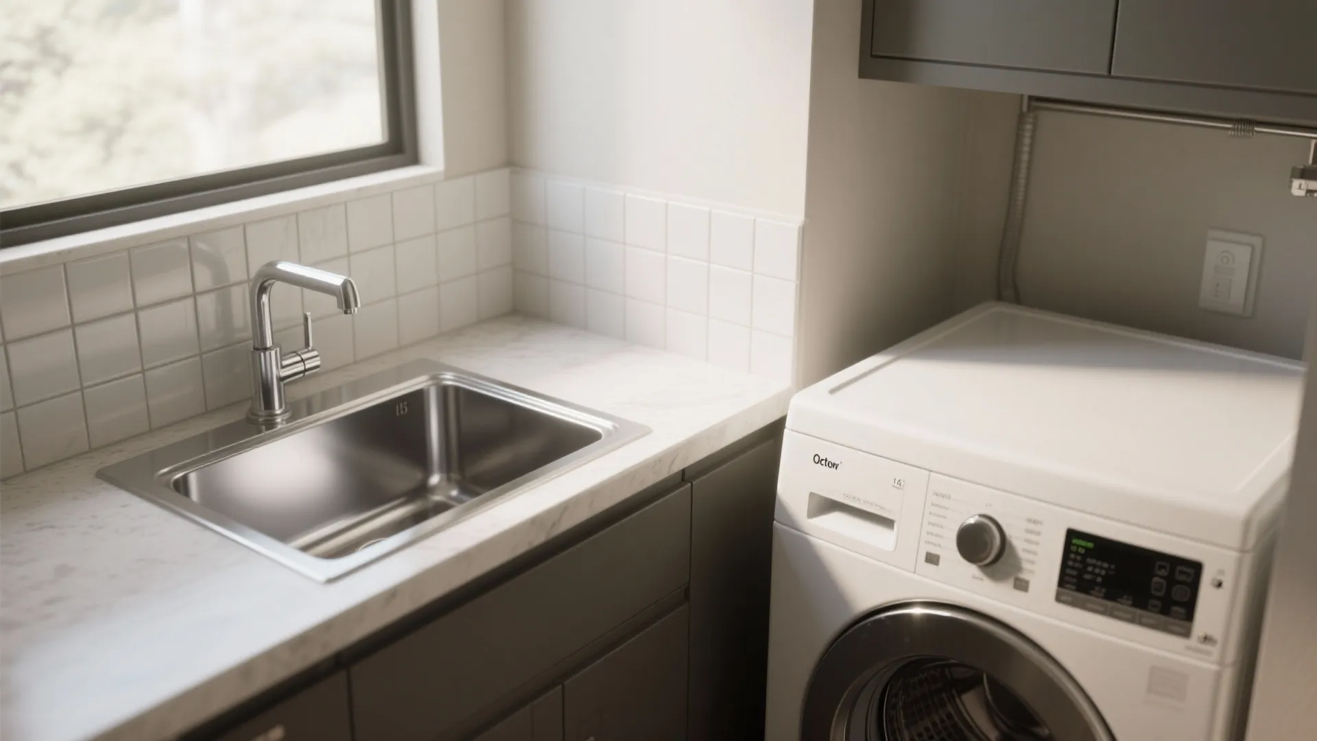 Modern laundry room with stainless steel sink on marble countertop next to a white washing machine