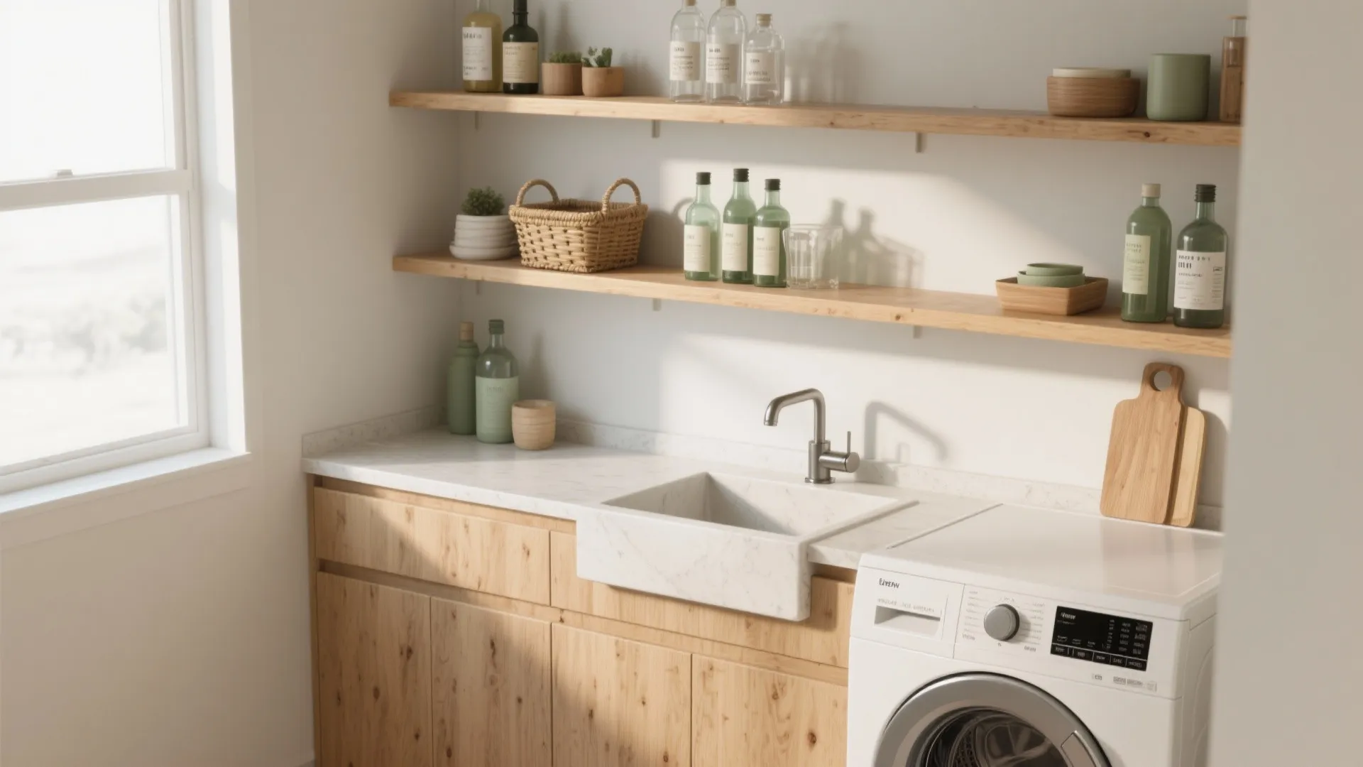 4. Countertop sink + floating shelves for multi-tasking