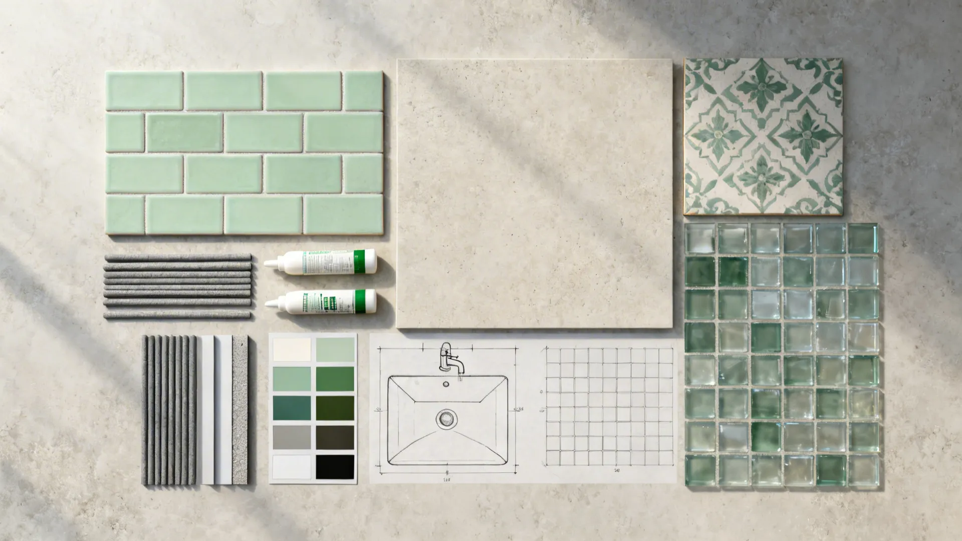 Top-down flatlay of sink backsplash materials and grout samples for a small kitchen.