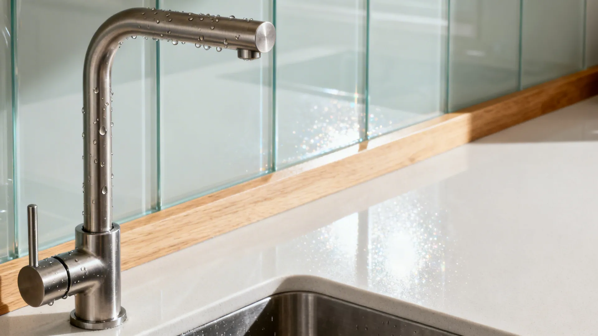 Close up of a silver water tap with water drops on a white kitchen counter top