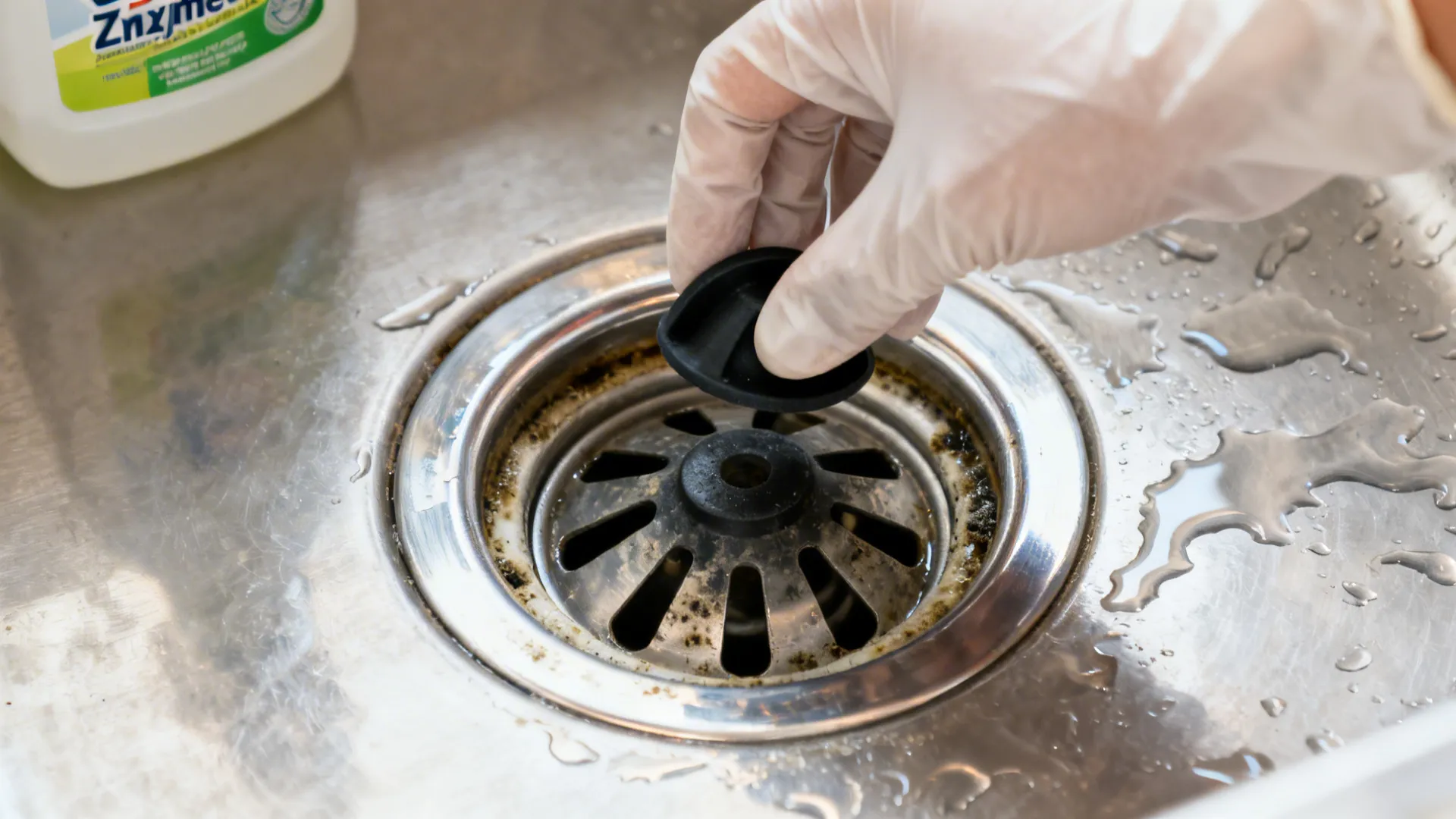 Person wearing white glove removing a black rubber drain cover from a stainless steel sink