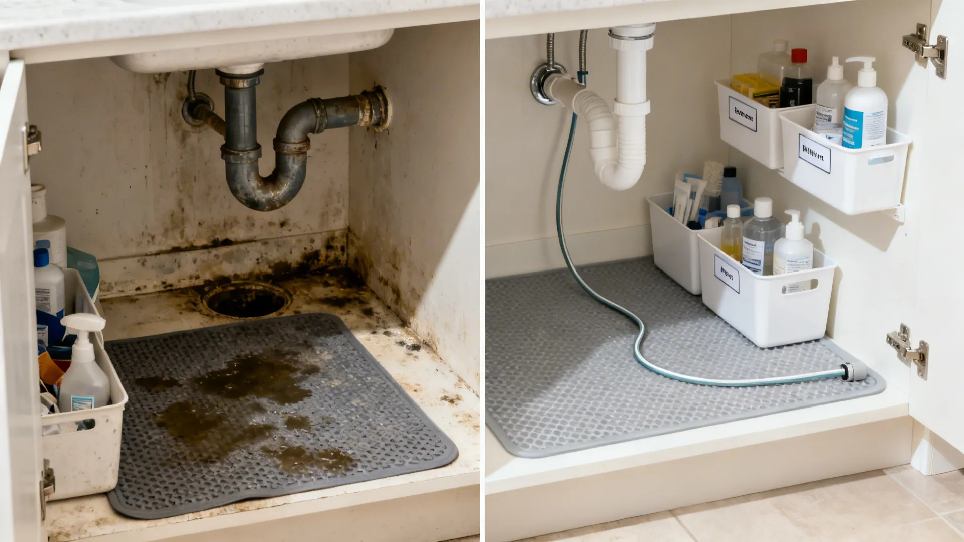 Before and after comparison of a dirty sink cabinet transformed into a clean organized space