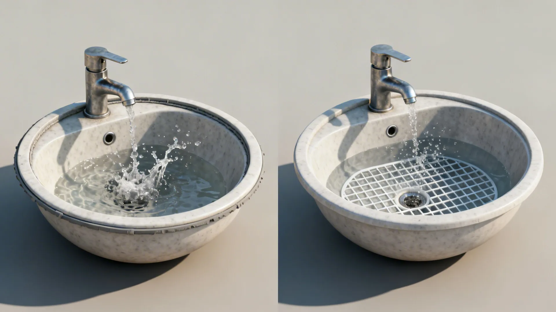 Before: shallow sink with splash and short faucet; After: deep sink with grid and proper faucet reach.