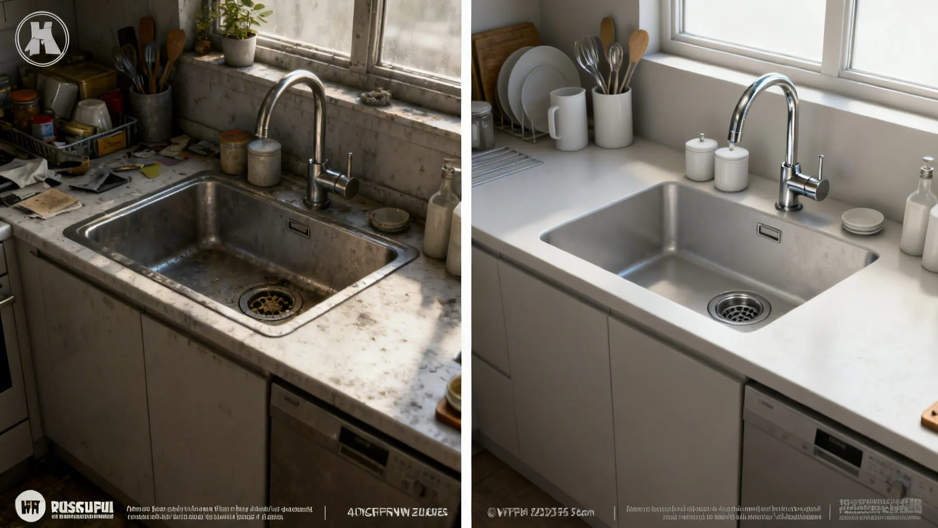 Before-and-after comparison of a compact kitchen sink zone showing improved layout with rear-set drain and tidy accessories.