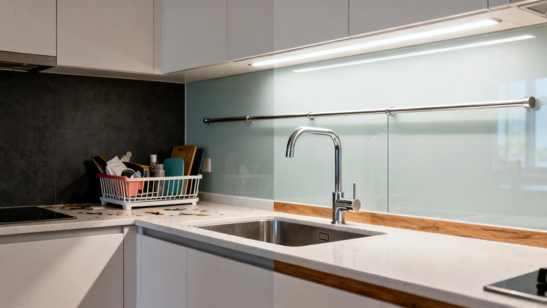 Before-and-after of a compact sink zone transformed with glass backsplash, L-layout, and task lighting.
