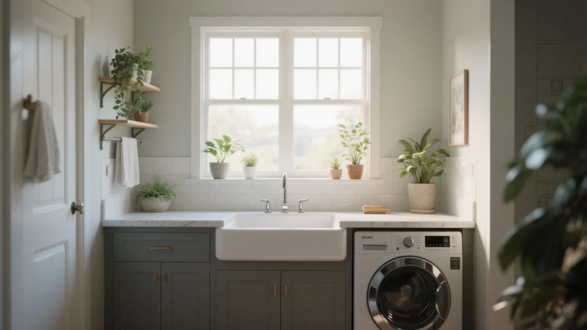 Laundry room with dark grey cabinets white sink window plants on shelves and washing machine