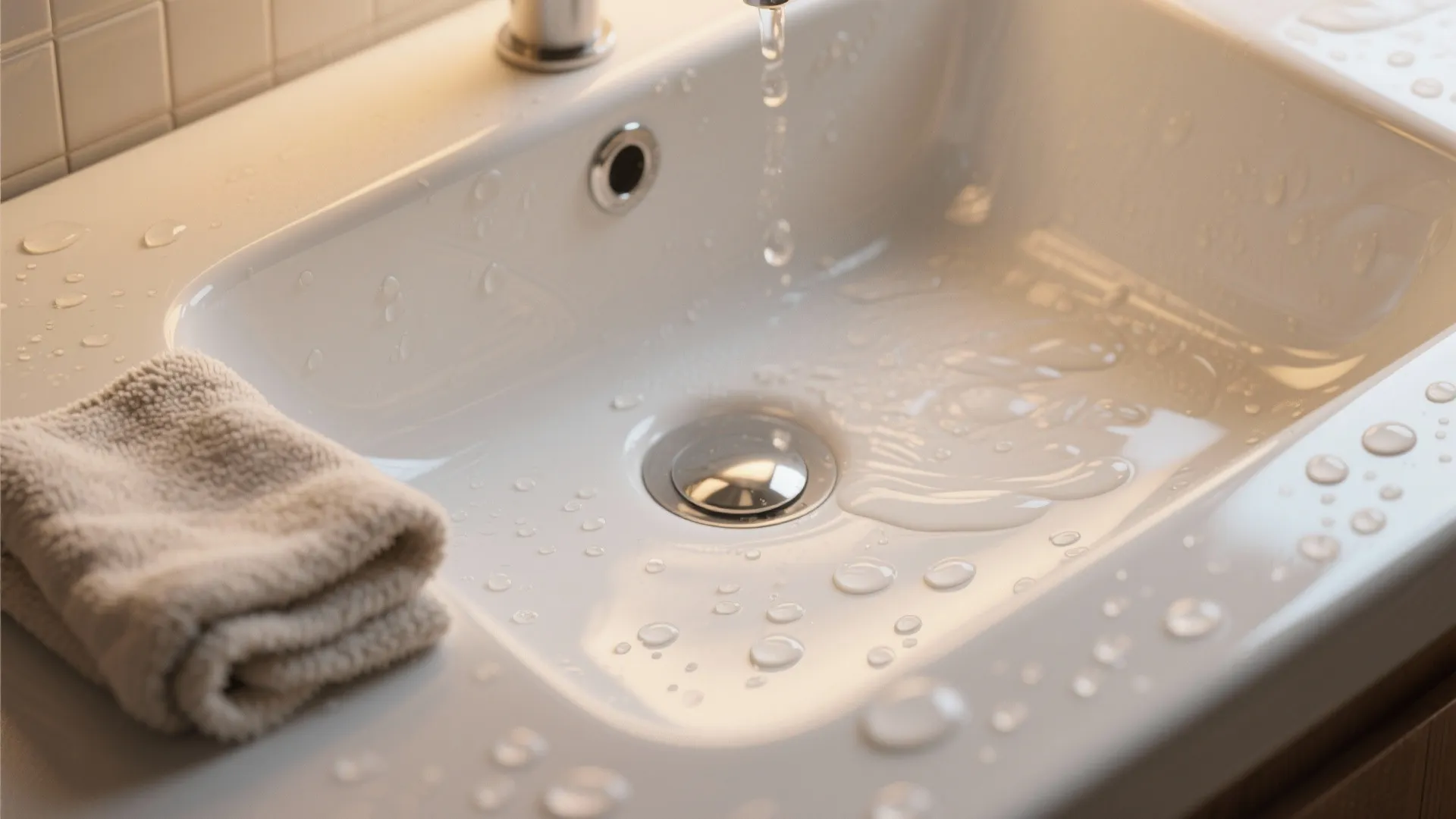 Macro view of a white sink surface with water droplets and a microfiber cloth