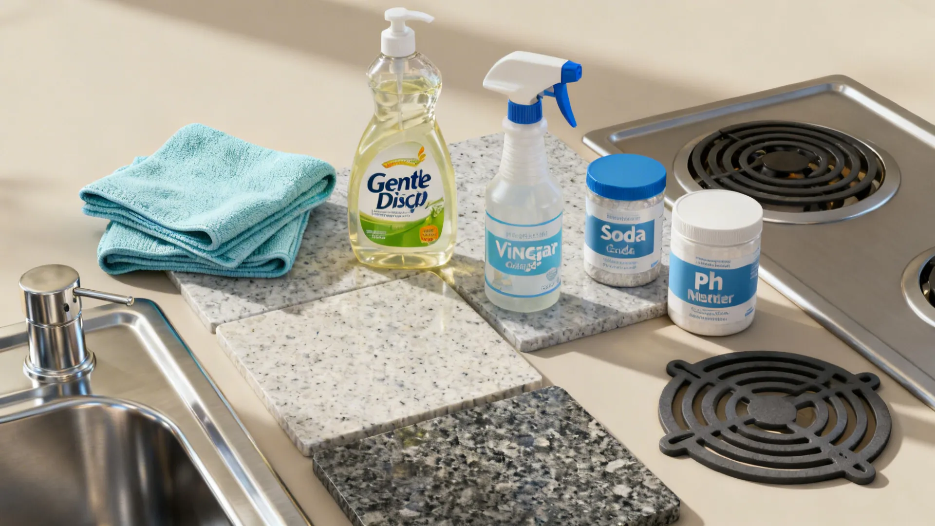 Flat lay of microfiber cloths, soaps, vinegar spray, baking soda, and pH-neutral cleaner.