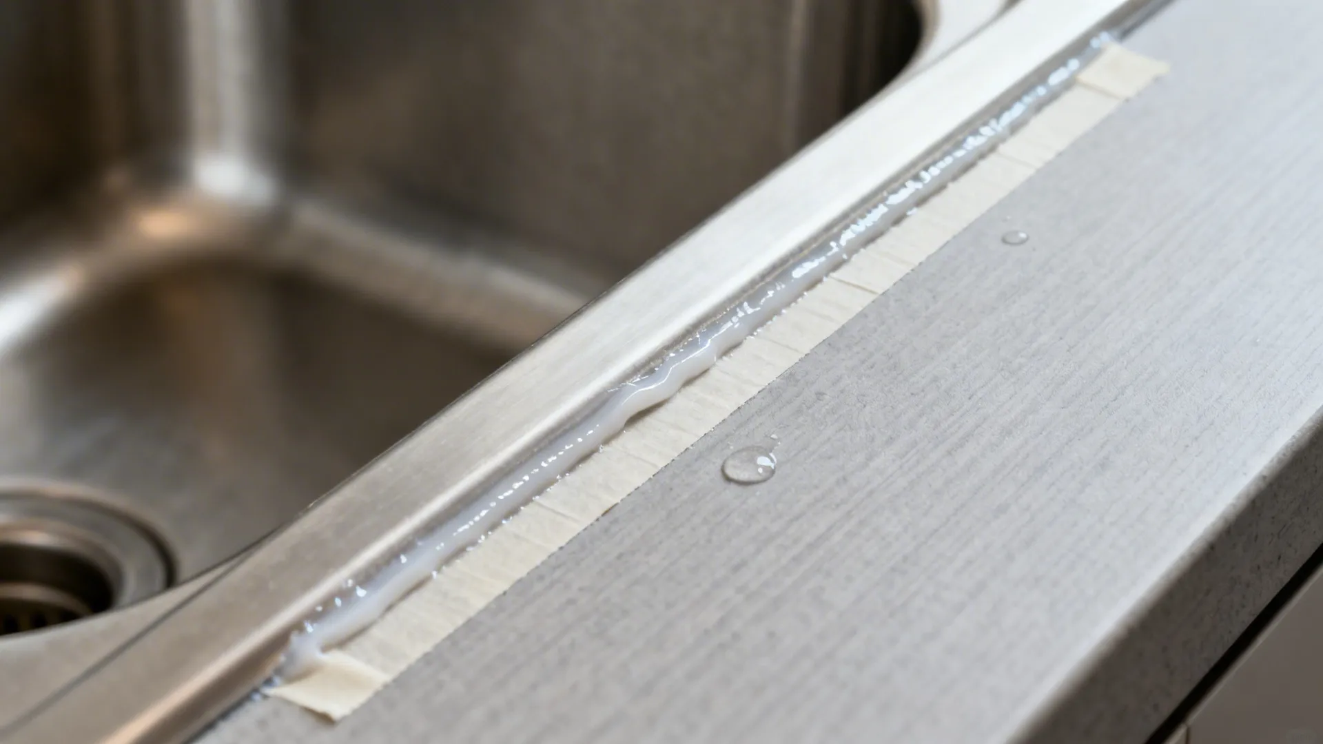 Macro view of a precise silicone caulk bead sealing a stainless sink to a gray countertop.